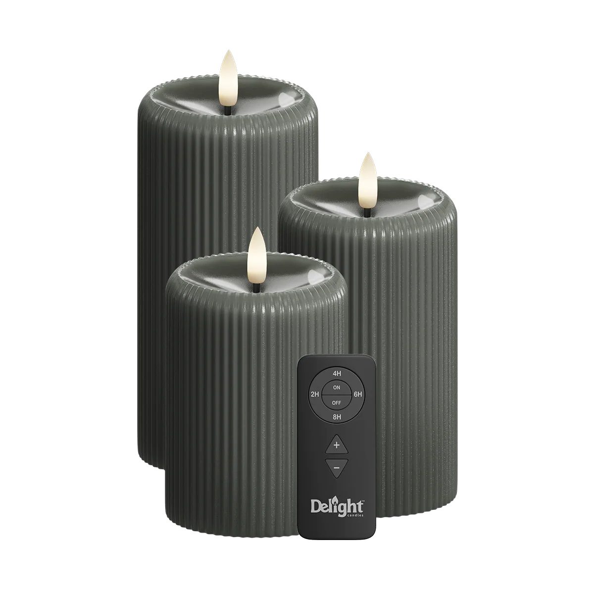 Deluxe Homeart LED-Kerze LED Stumpenkerzen Dunkelgrau Stripe 3er Set – Delight Candles von Delu