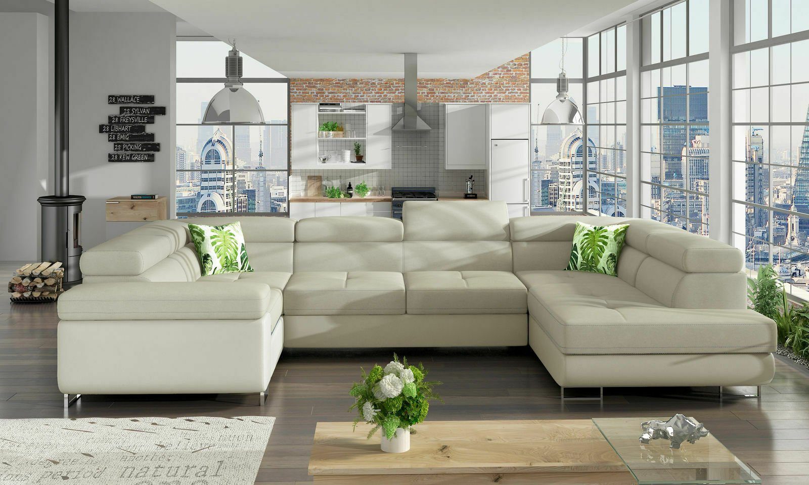 Mit Couch Design Ecksofa Bettfunktion Bettfunktion JVmoebel Ecksofa Textil, Leder Weiß/Beige Schlafsofa Polster