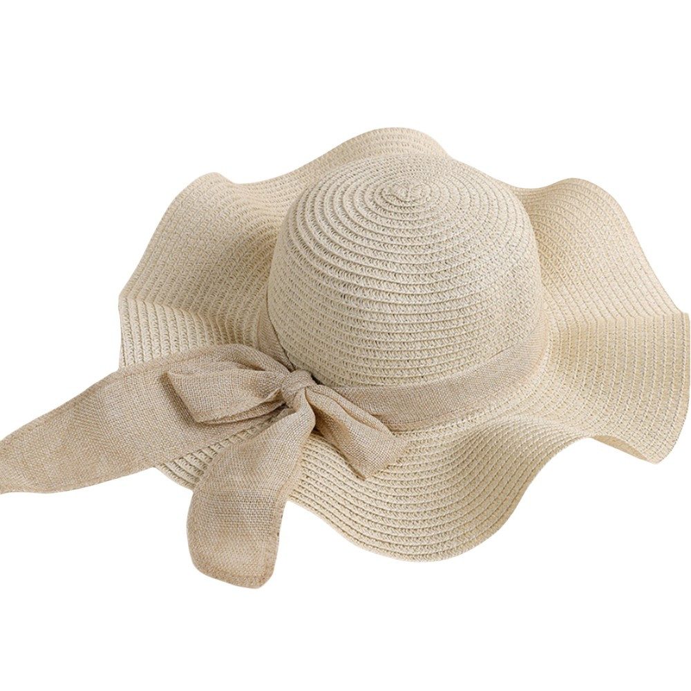 Zaewry Strohhut Damen faltbar Sonnenhut Sommerhut Strandhut Straw hat Einheitgröße wellenförmiger Rand