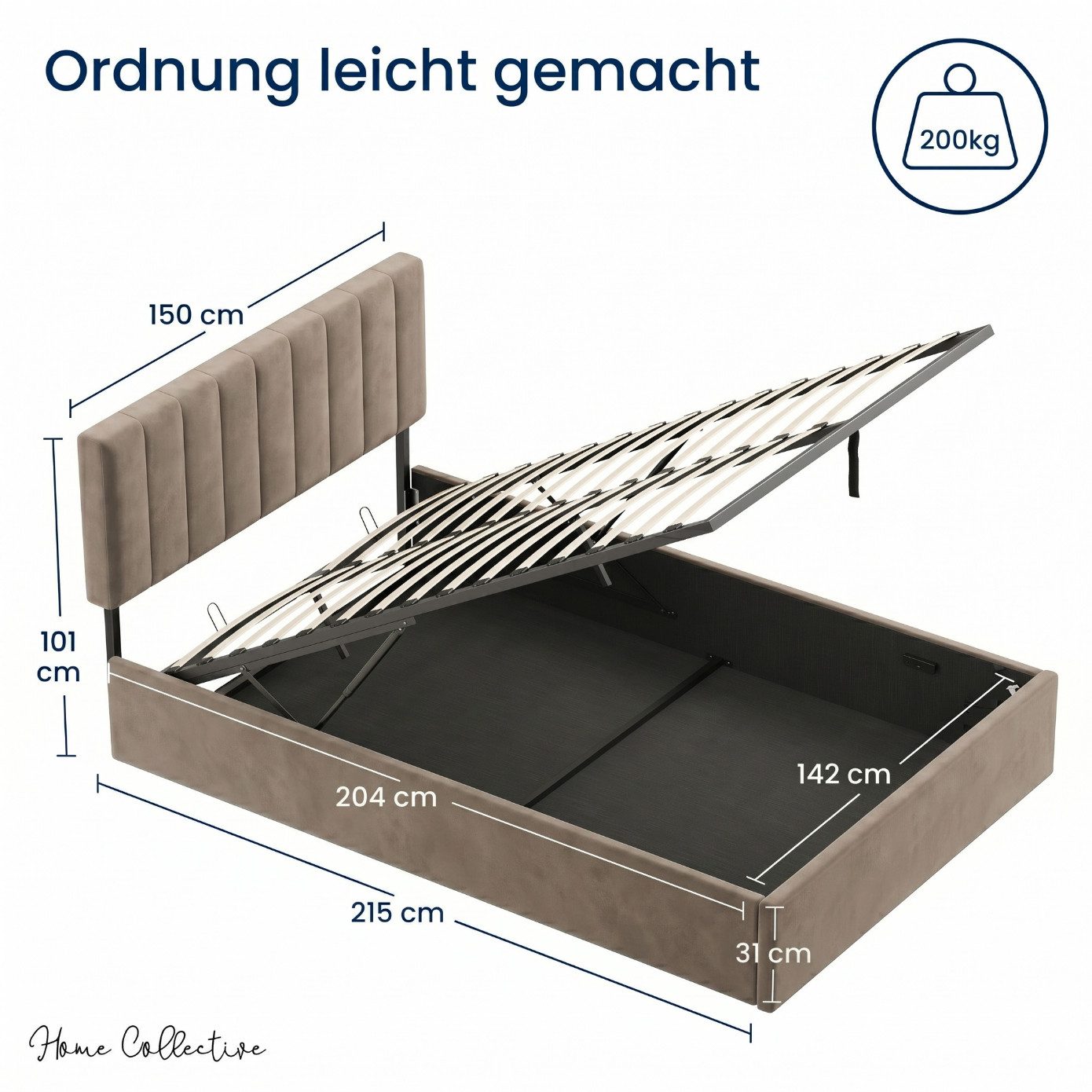 Home Collective Polsterbett mit Stauraum und Lattenrost Doppelbett Gepolstertes Bett (Verfügbare Größen: 140x200 und 160x200 cm), hydraulischer Bettkasten Kopfteil verstellbar samt Bronze-Beige