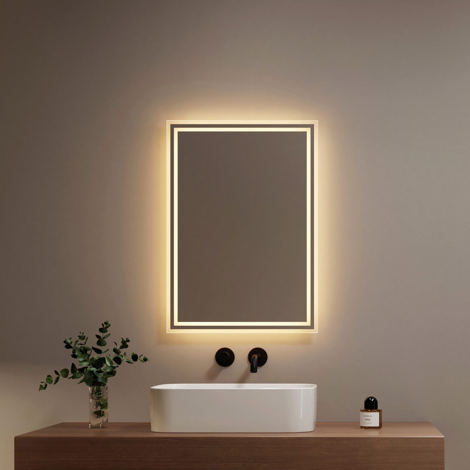EMKE Badspiegel LED Badezimmerspiegel rechteckig Wandspiegel mit Beleuchtung (Vertikal Horizontal möglich, Beschlagfrei, 2 Lichtfarben), Wandspiegel IP44