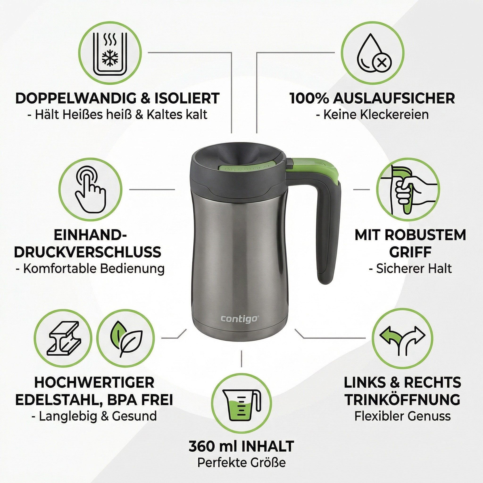 CONTIGO Thermobecher Thermobecher Contigo Fulton Edelstahl Becher 360 ML Auslaufsicher
