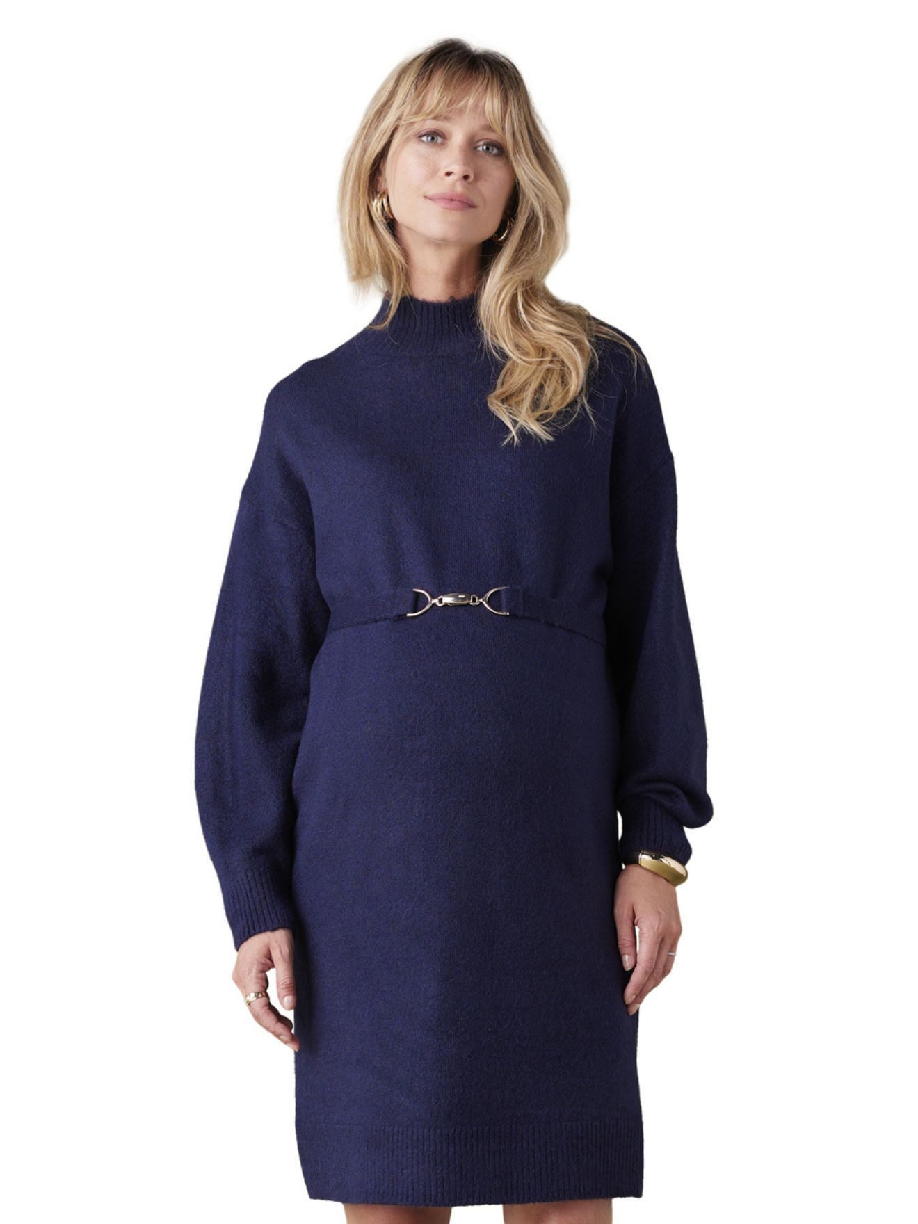 Envie de Fraise Umstandskleid Umstands-Strickkleid mit Schmuckgürtel Stehkragen, abnehmbarer Gürtel, Feinstrick