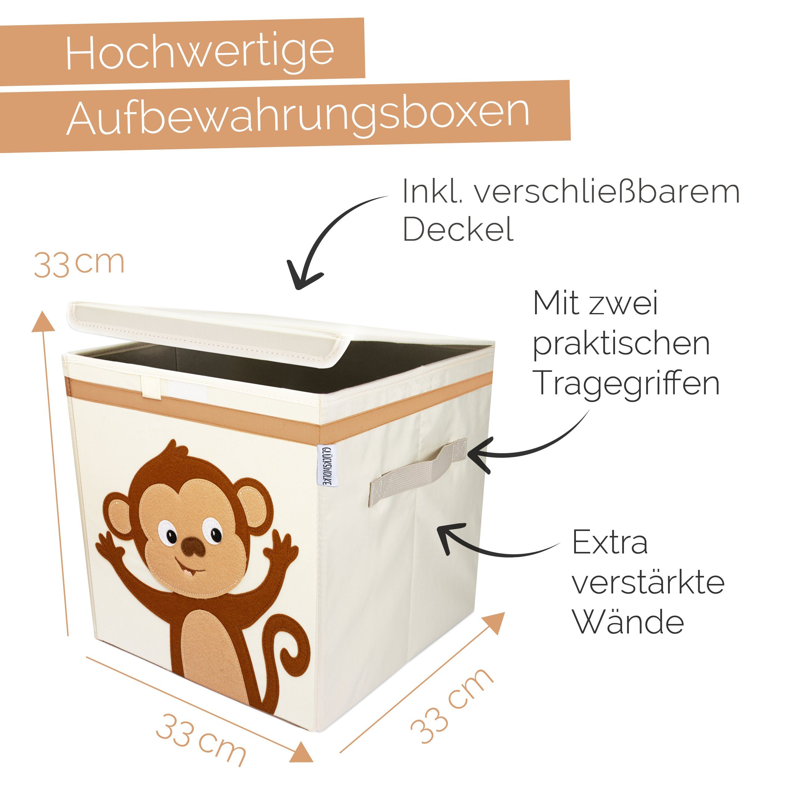GLÜCKSWOLKE Aufbewahrungsbox Kinder - 15 Motive I Spielzeugkiste mit Deckel für Kinderzimmer (Größe 33x33x33), Boxen zur Aufbewahrung im Kallax Regal I Kiste für Spielzeug