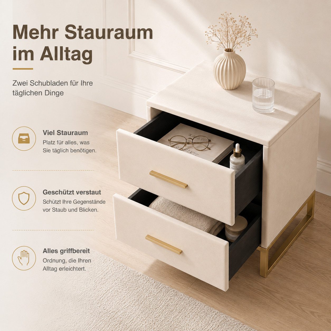 Simurq Nachttisch Nachtkommode 2er Set mit 2 Schubladen, Samt Beige 40x40x50 cm (2-teiliges Set, 2-St., 2 Nachttische als Set), 2er-Set, Samtoptik, zwei Schubla – Bild 4 von 5