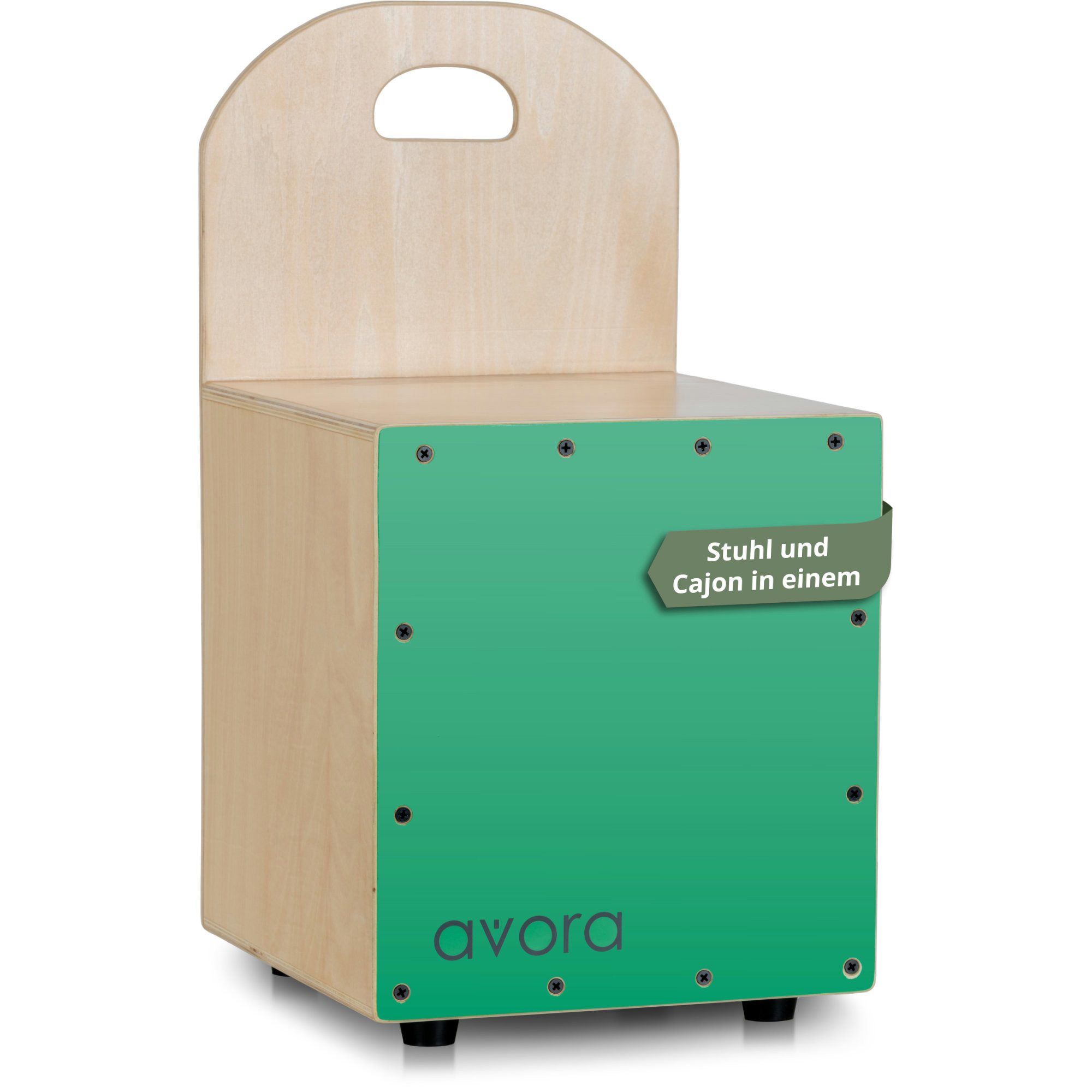 avora Cajon Mini-Cajon-Stuhl "Schepperkiste" - Integrierter Tragegriff, Inklusive Sechskantschlüssel, stimmbare Gitarrensaiten für Snare-Effekt - Tragegriff und Rückenlehne