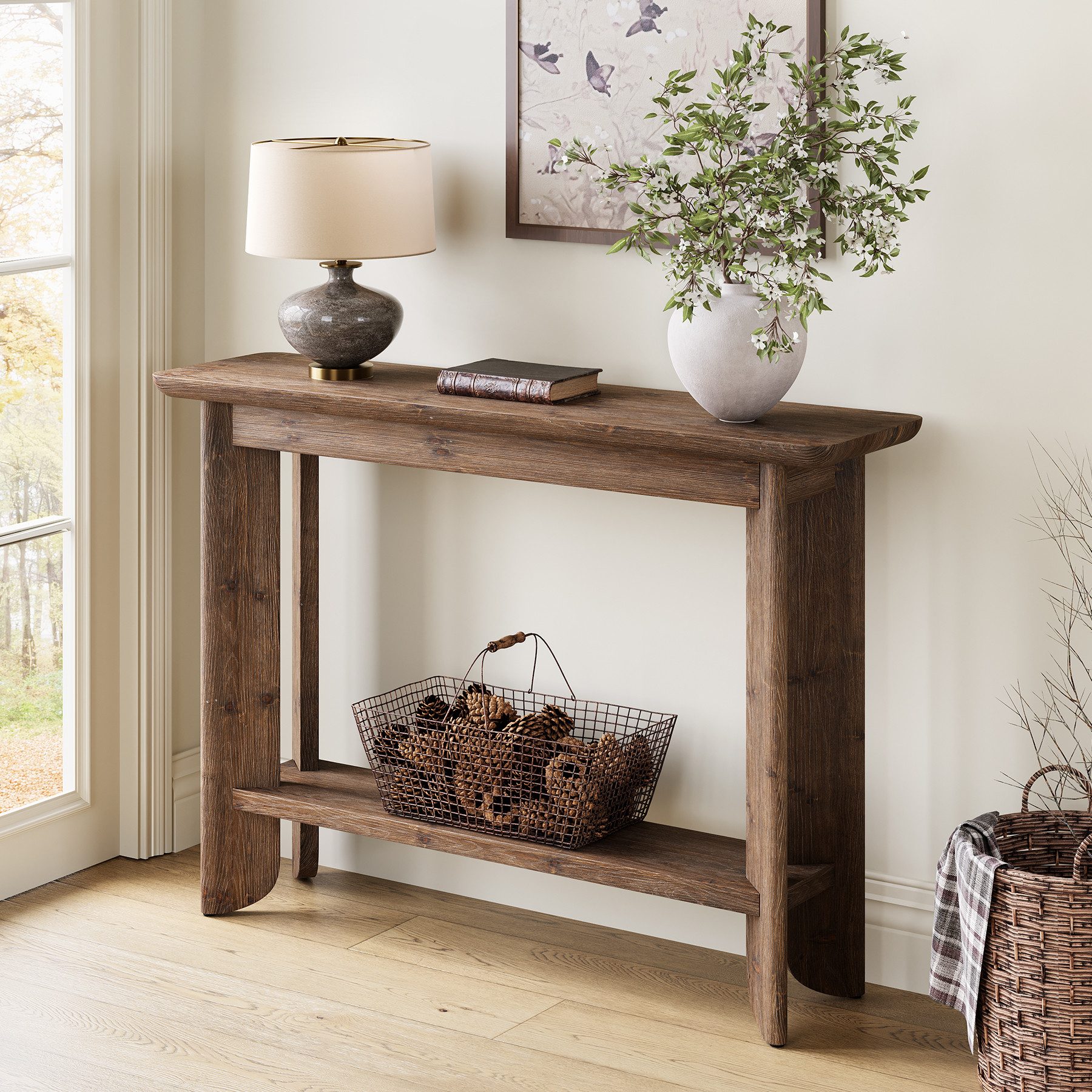Tribesigns Konsolentisch Massivholz 105 cm, 2-stöckiger Eingangstisch, Flurtisch mit Stauraum