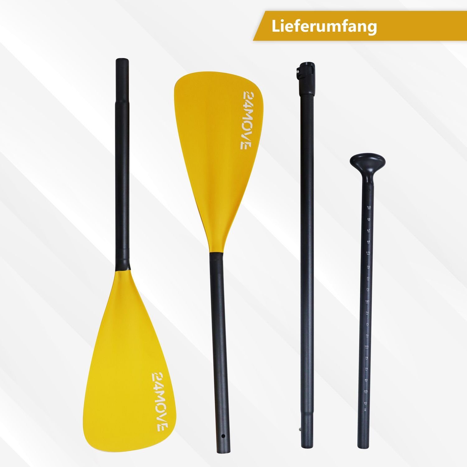 24Move Doppelpaddel, Premium Stand Up Paddle Aluminium, verstellbar, 4-teilig SUP-Paddel, (2 in 1 Paket, als Einzelpaddel oder Doppeltes Paddel, orange), für Paddelboards, Kajakboot und Ruderboot, universell einsetzbar