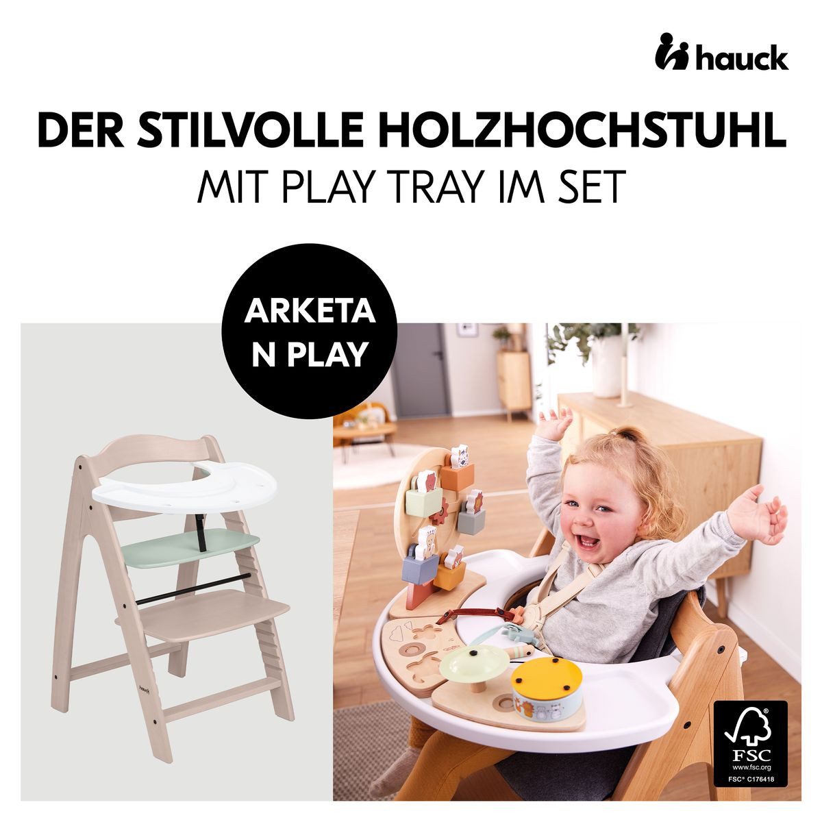 Hauck Hochstuhl Arketa - Beech Whitewashed Mint, Mitwachsender Holz Kinderhochstuhl mit Spielbrett (ohne Spielaufsatz)
