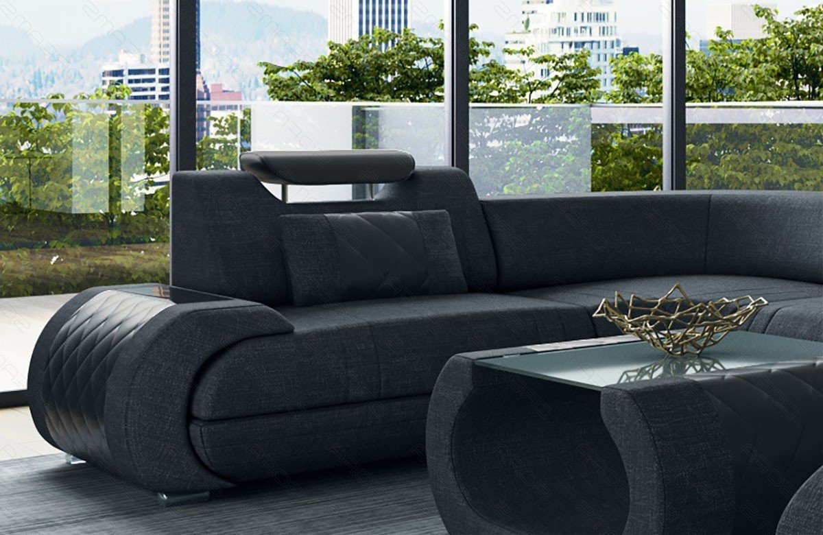 U Bettfunktion Stoff Rimini Strukturstoff Stoffsofa, Sofa Wohnlandschaft H Form Dreams Couch Polster wahlweise Sofa schwarz-schwarz mit