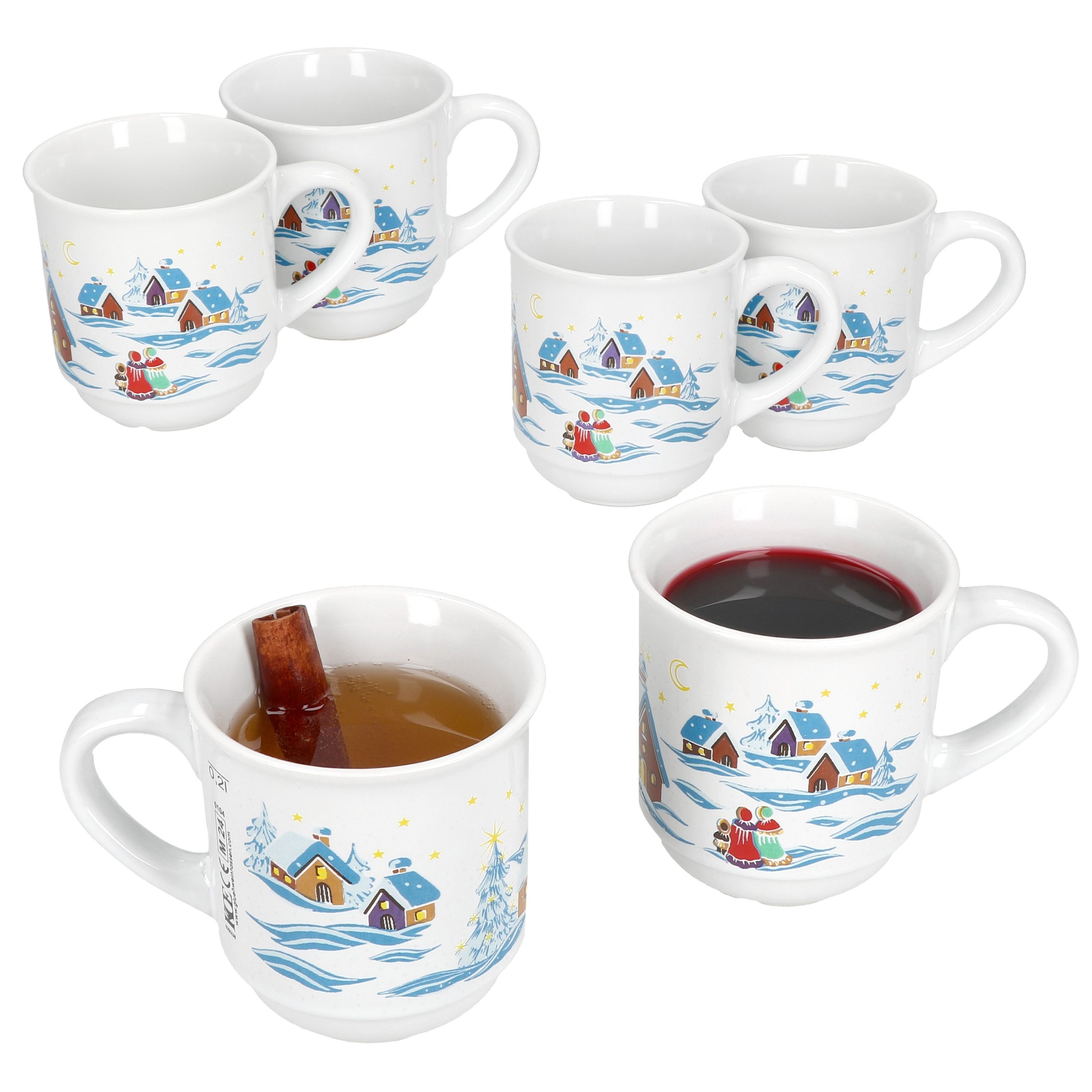 MamboCat Tasse 6x Кружка глинтвейна 0,2L weiß Weihnachtslandschaft Glühweintassen, Keramik, Weihnachtsgeschirr, Weihnachten, geeicht, Weihnachtsmarkt
