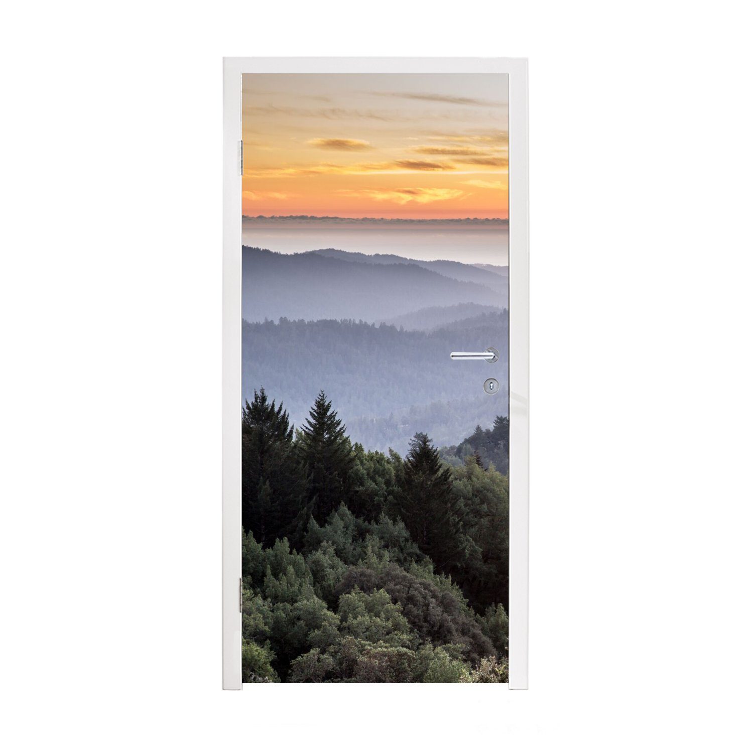 MuchoWow Türtapete Berge - Sonne - Wald - Landschaft, Matt, bedruckt, (1 St), Fototapete für Tür, Türaufkleber, 75x205 cm