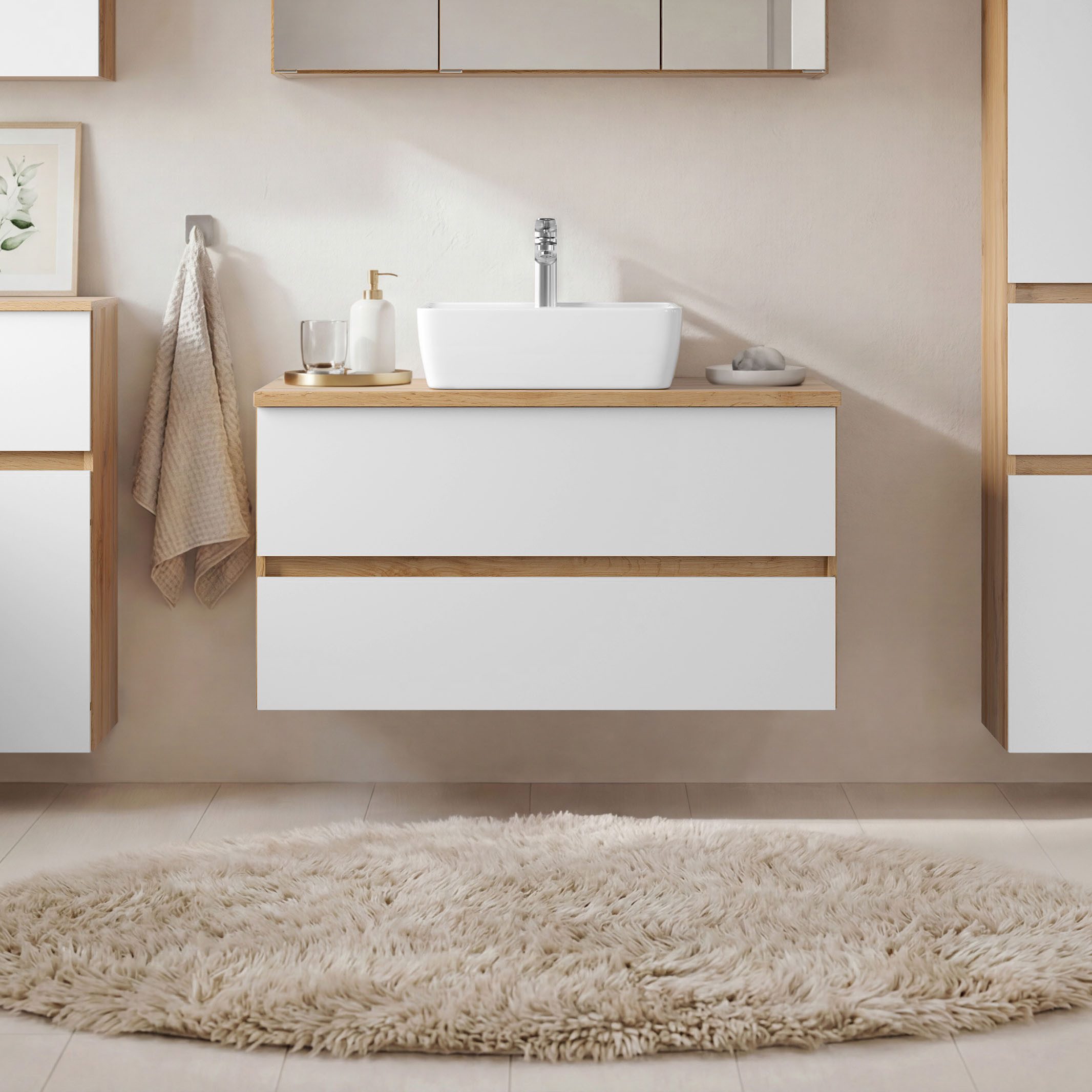 OTTO home Waschtisch BOZEN, Aufsatz-Waschtisch mit Keramkbecken (Badezimmerschrank, Badschrank, Stauraum, Badmöbel, Schrank), Aufsatz-Keramkibecken, grifflose Front