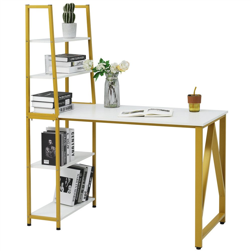 Sweiko Computertisch mit 5 Tier Bücherregal Schreibtisch,120cm Bürotisch (Weiß + Gold)