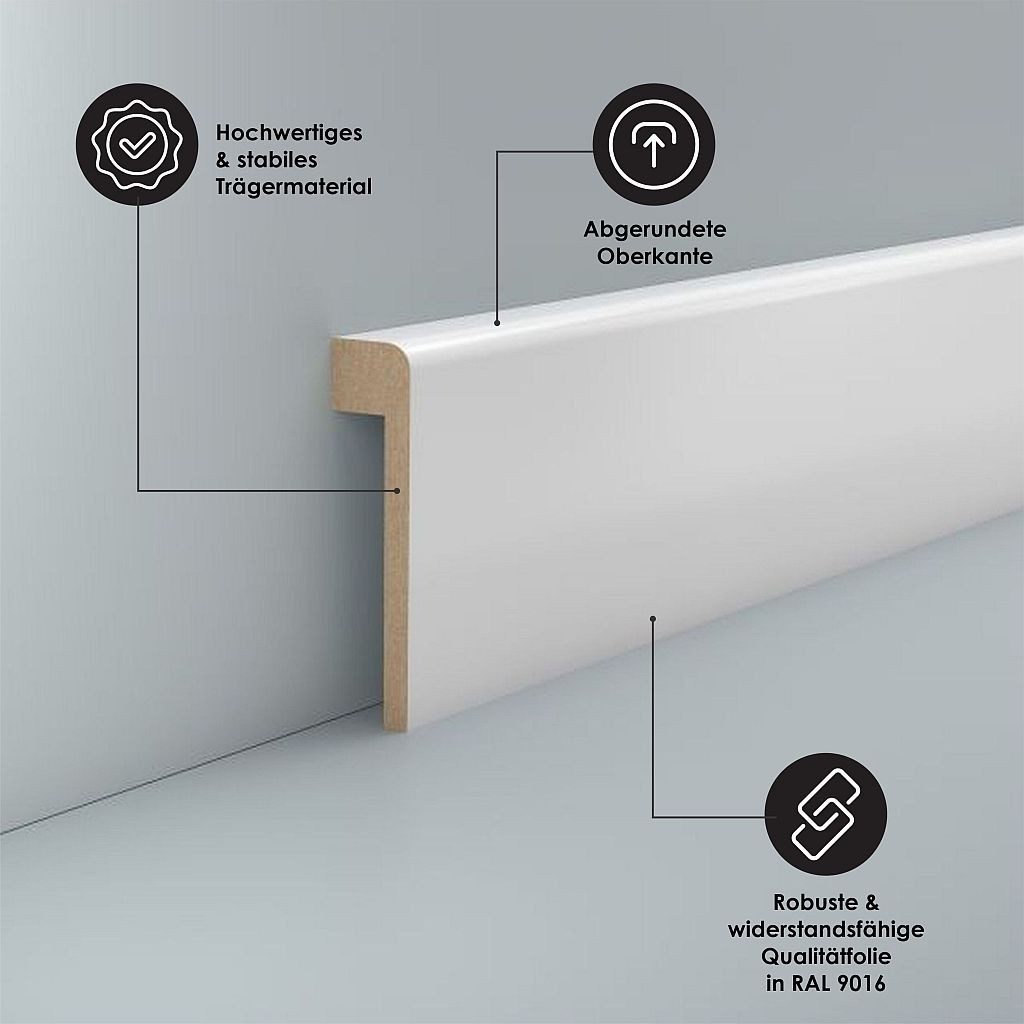 Südbrock Sockelleiste Sockelleiste Abdeckleiste Fliesensockel 19x80 RAL 9016 Lichterfelde, L: 250 cm, H: 8 cm, 1-St.