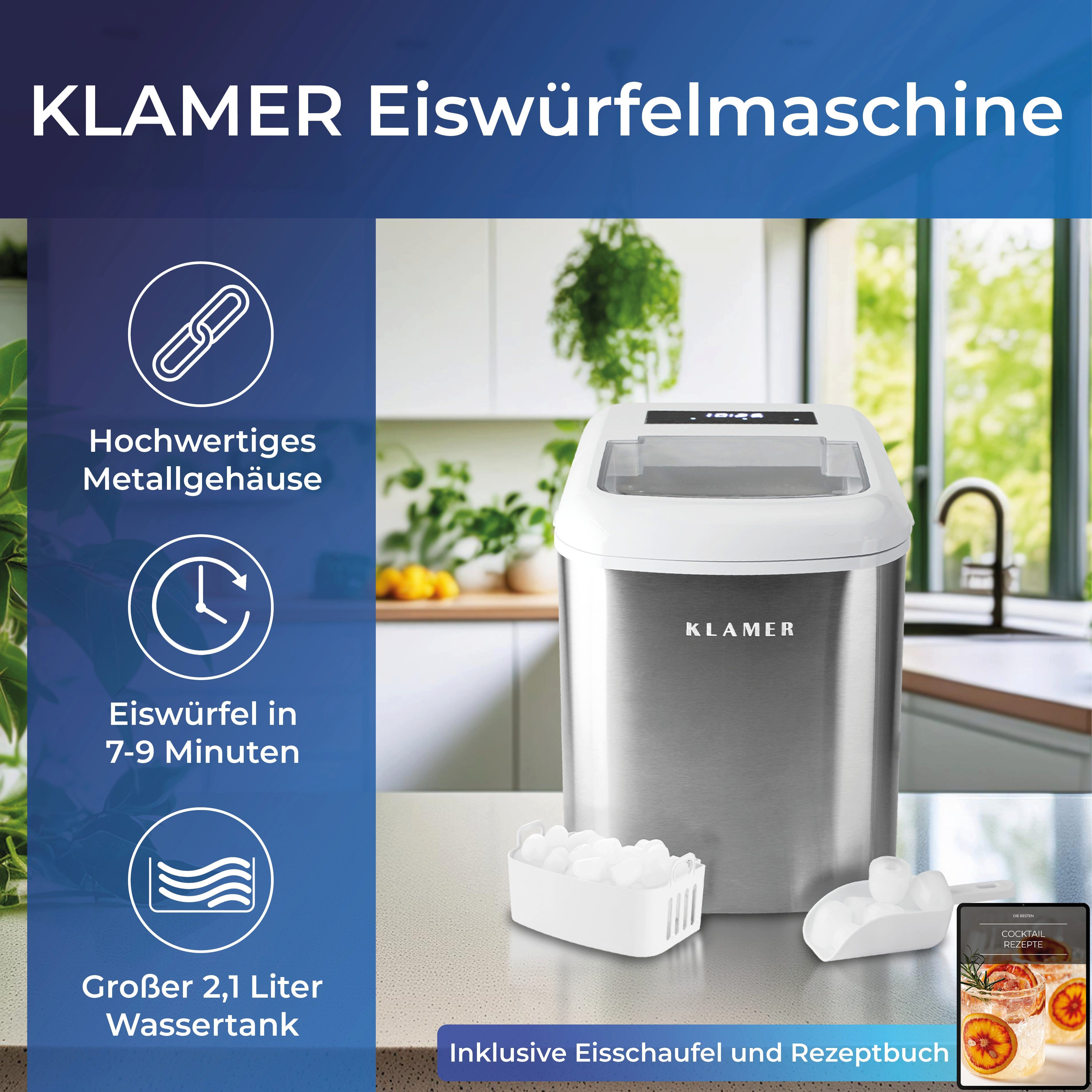 KLAMER Eiswürfelmaschine 15kg/24h, 10 Eiswürfel in 7–9 Min, 2,1L Wassertank, 120W Ice Maker, 2…, 120W, 2,1L Wassertank, Signallampe, Auto-Reinigung, mit Eisschaufel