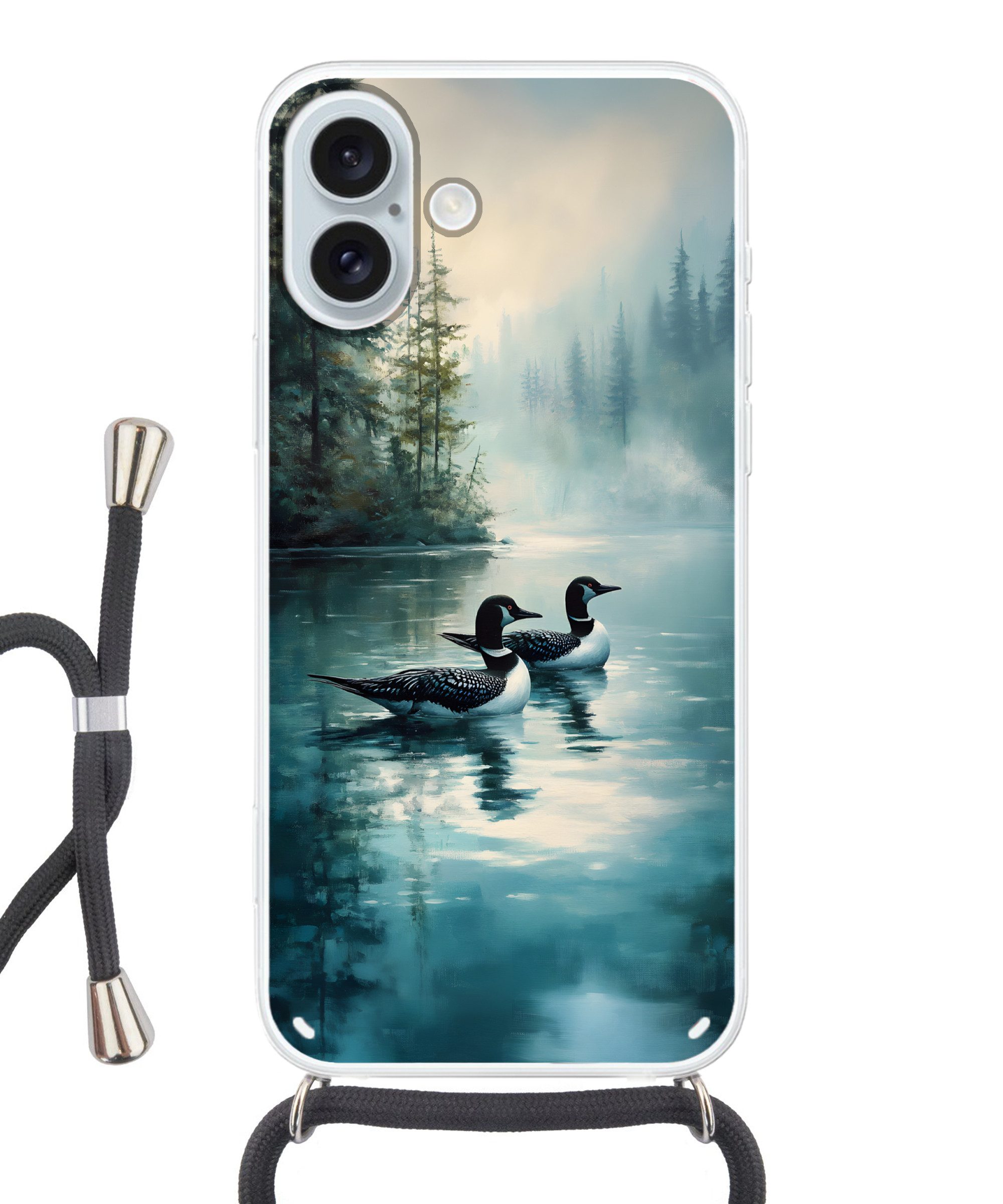 MuchoWow Handyhülle für Apple iPhone 16 Plus Wald - Wasser - Enten - Neblig, Tragbare Handyhüllen mit Kette zum umhängen, Handykette Handyband
