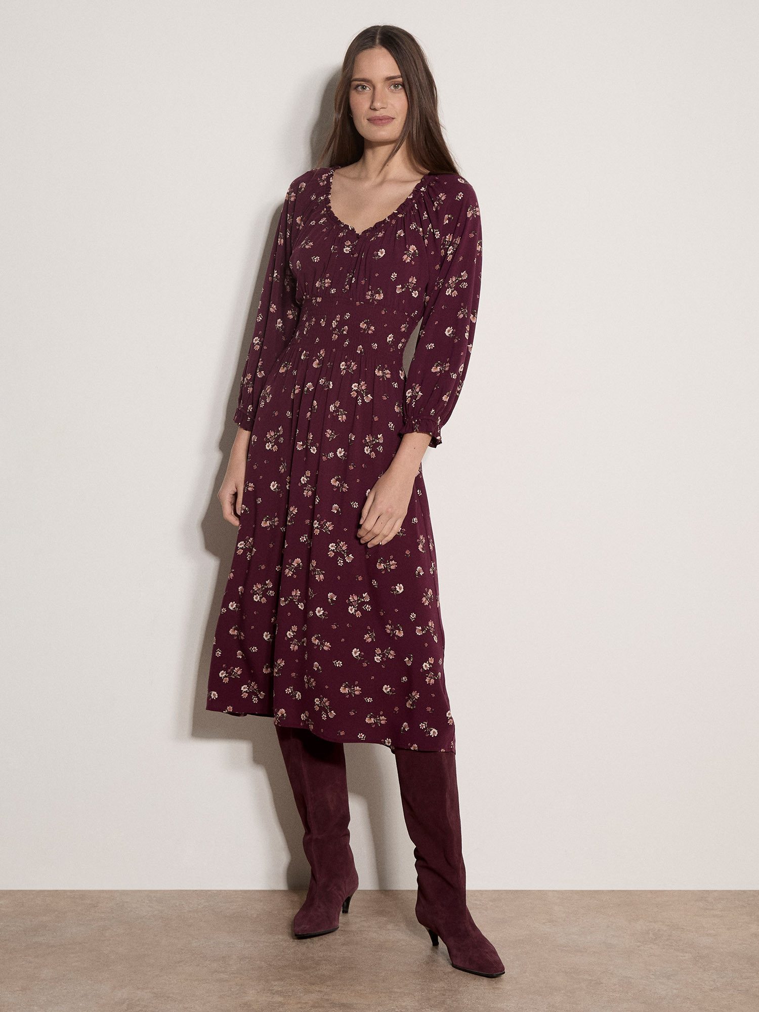 Apricot Midikleid Blumenkleid mit Rüschen
