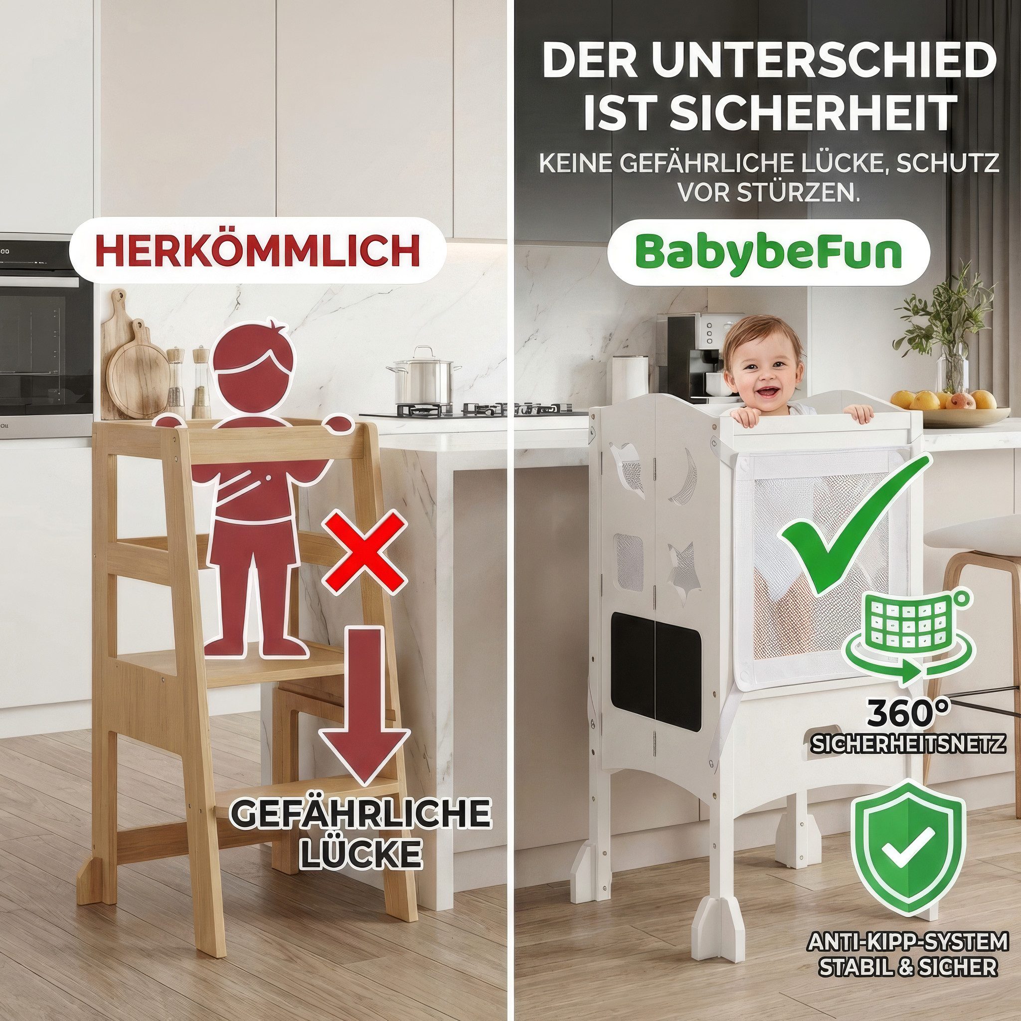 BabyBeFun Stehhilfe Lernturm ab 1 Jahr - [Extra Sicher] klappbar inkl. Sicherheitsnetz, 360° Schutz durch Sicherheitsnetz, Klappbar, Extra Sicher und Stabil