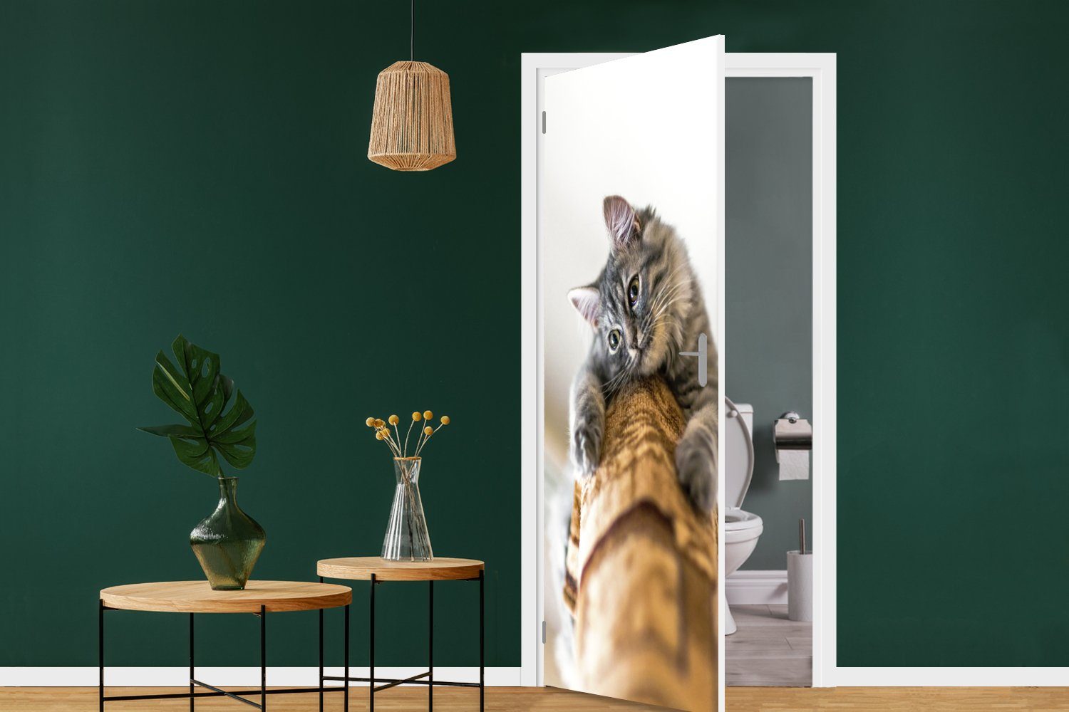 MuchoWow Türtapete Katze - Türaufkleber, bedruckt, Tür, Fototapete St), für (1 - cm 75x205 Matt, Grau, Kratzbaum