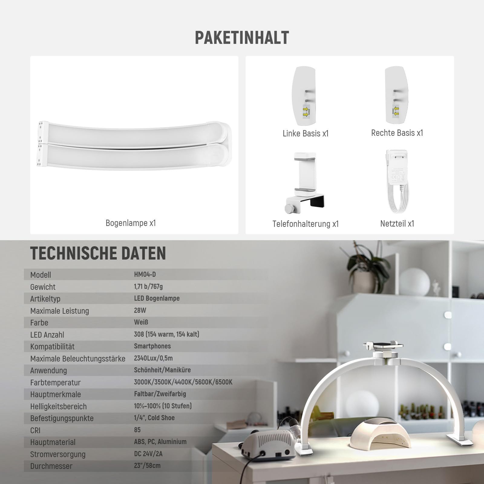 Neewer LED Schreibtischlampe HM04-D 23" Tishc Halbmond Nail Lamp, 308 LEDs, 28W, zweifarbig, LED fest integriert, 3000K/3500K/4400K/5600K/6500K, mit Handyhalterung, faltbare Tischlampe für Maniküre Handwerks