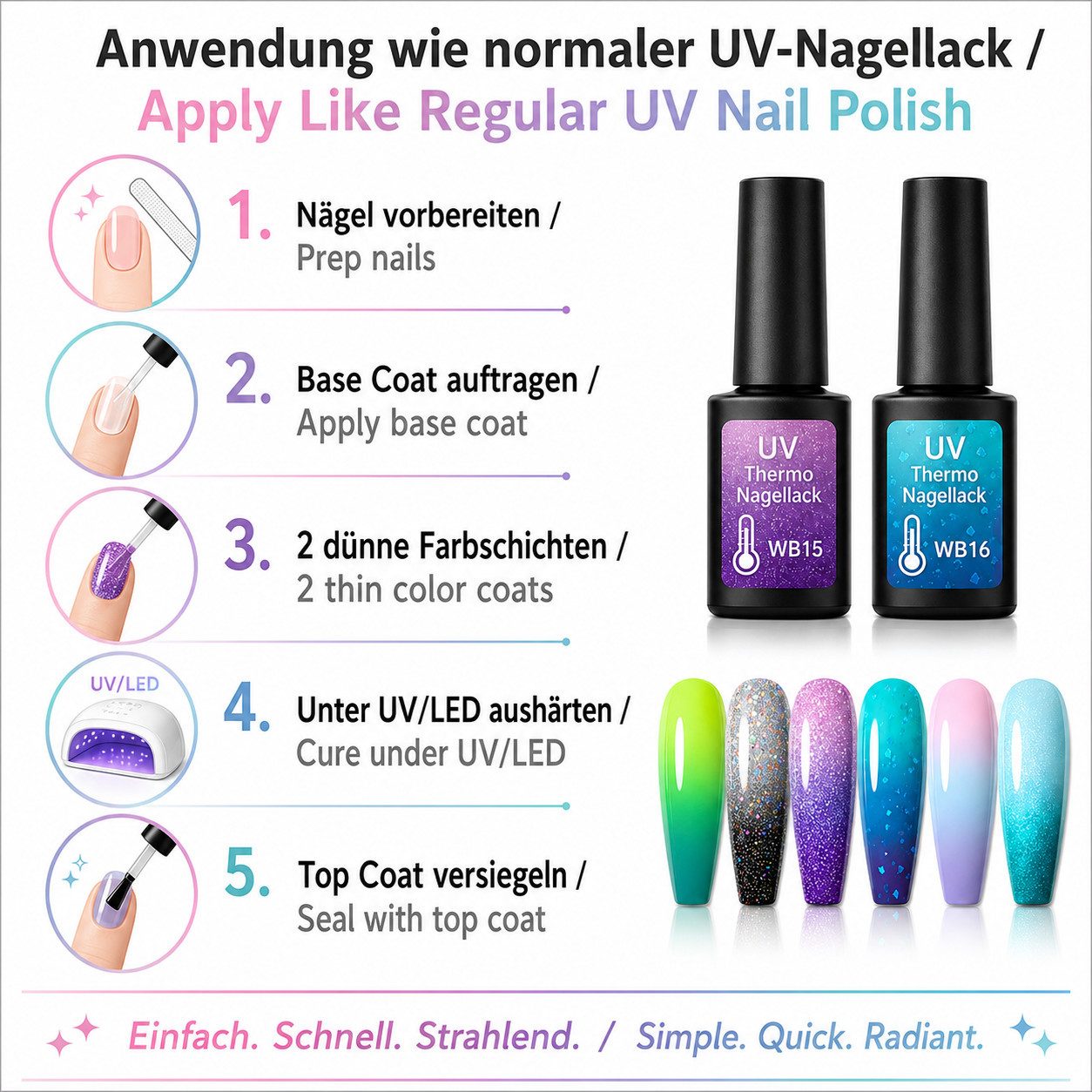 Sun Garden Nails Gel-Nagellack 6er UV Thermo Gel Set Cool Magic, leuchtend, einfache Verarbeitung