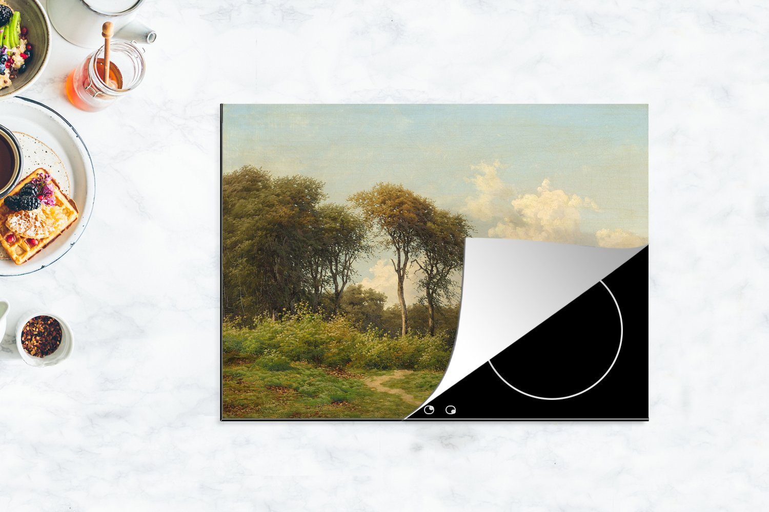 Arbeitsfläche - mit Landschaft MuchoWow Vinyl, nutzbar, tlg), Gemälde Carl (1 70x52 von Herdblende-/Abdeckplatte Hirschen Mobile cm, Ceranfeldabdeckung Bartsch,