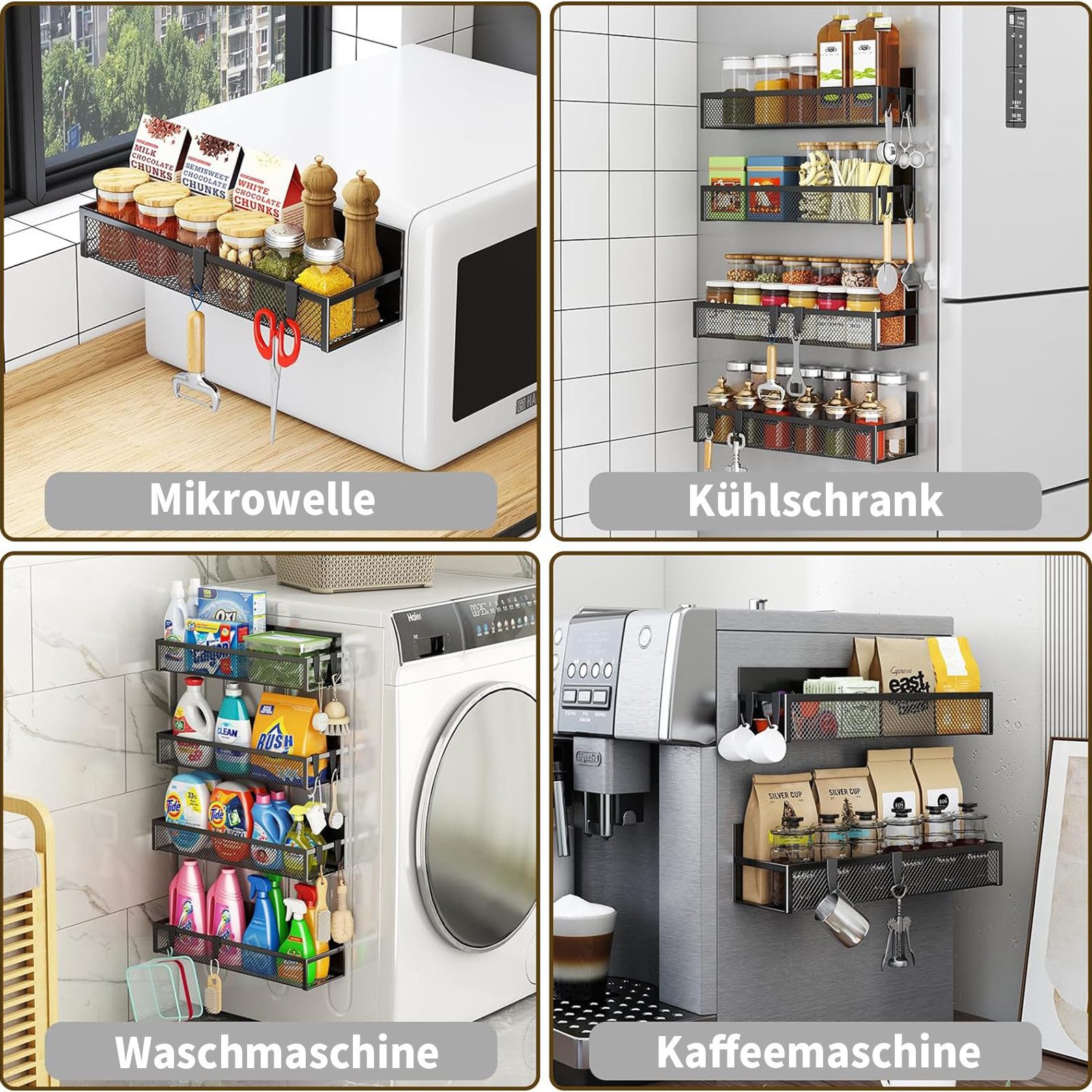 SURFOU Regal Magnetisches Gewürzregal, Kühlschrank-Organizer, 4 Stück, Metall, Kühlschrank Magnet Organizer mit beweglichen 4 Haken, Ohne Bohren