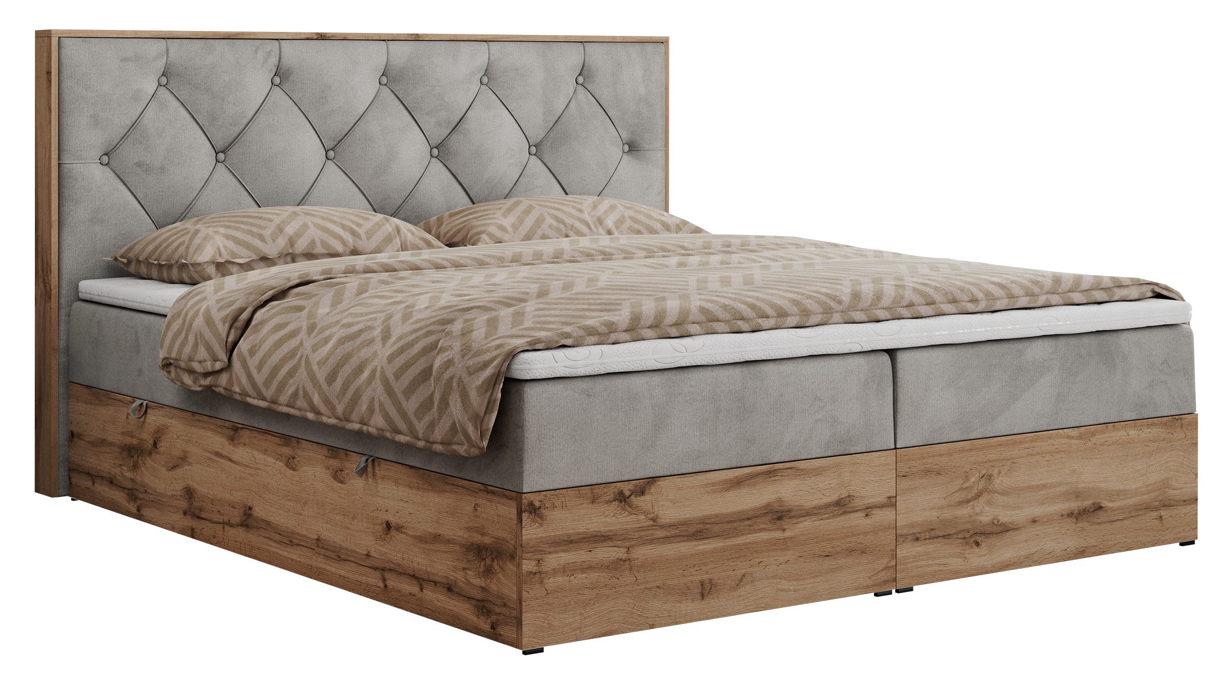MKS MÖBEL Boxspringbett VENETO (Polsterbett, zwei Bettkästen, Topper T25/Visco, T30-Schaum), Multipocket Matratzen, Rahmen des Bettes in Eichen-Optik