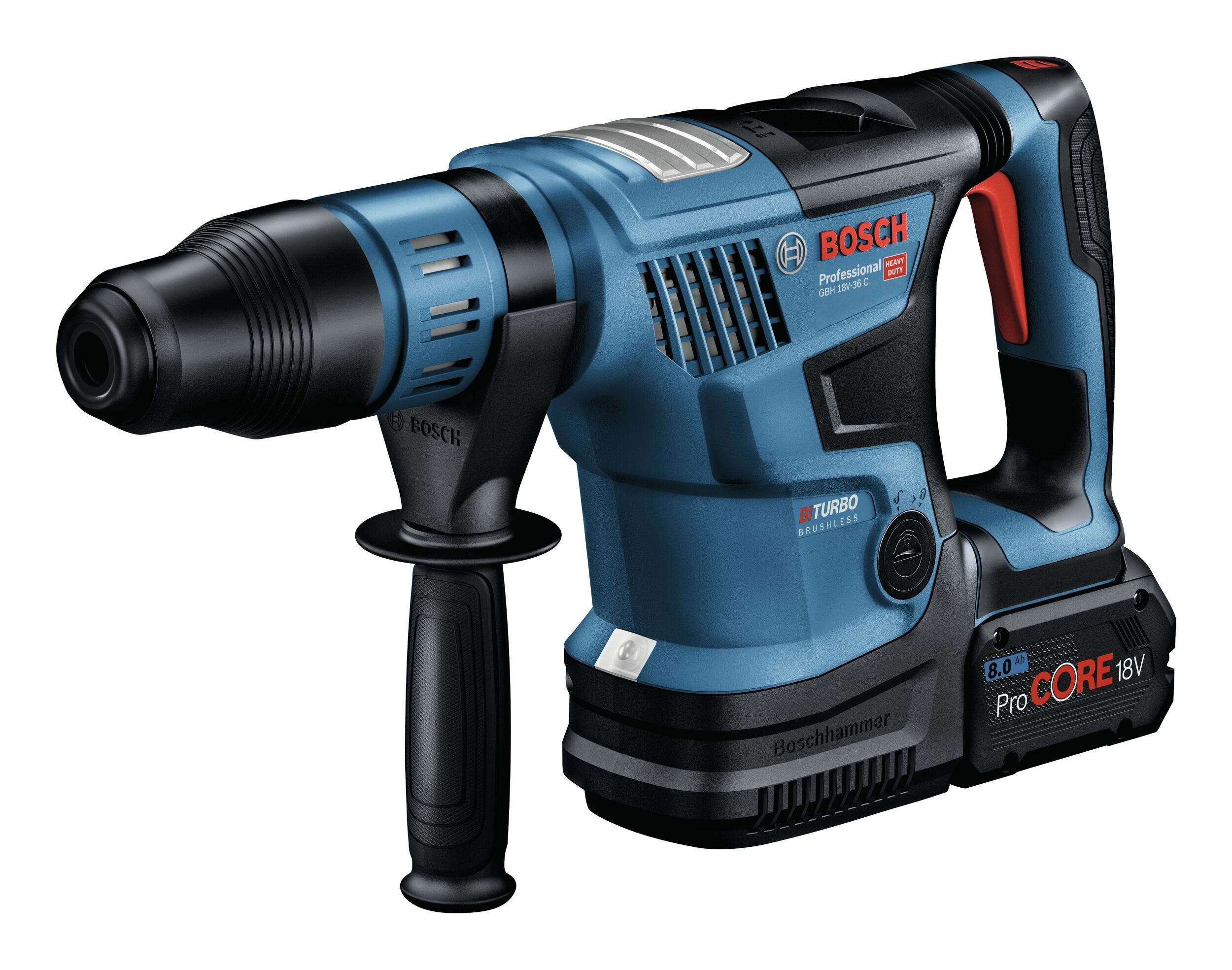 Bosch Professional Akku-Kombibohrhammer GBH 18V-36 C, 18 V, max. 500 U/min, Bohrhammer BITURBO m. SDS max m. 2x Akku ProCORE 8 Ah - im
