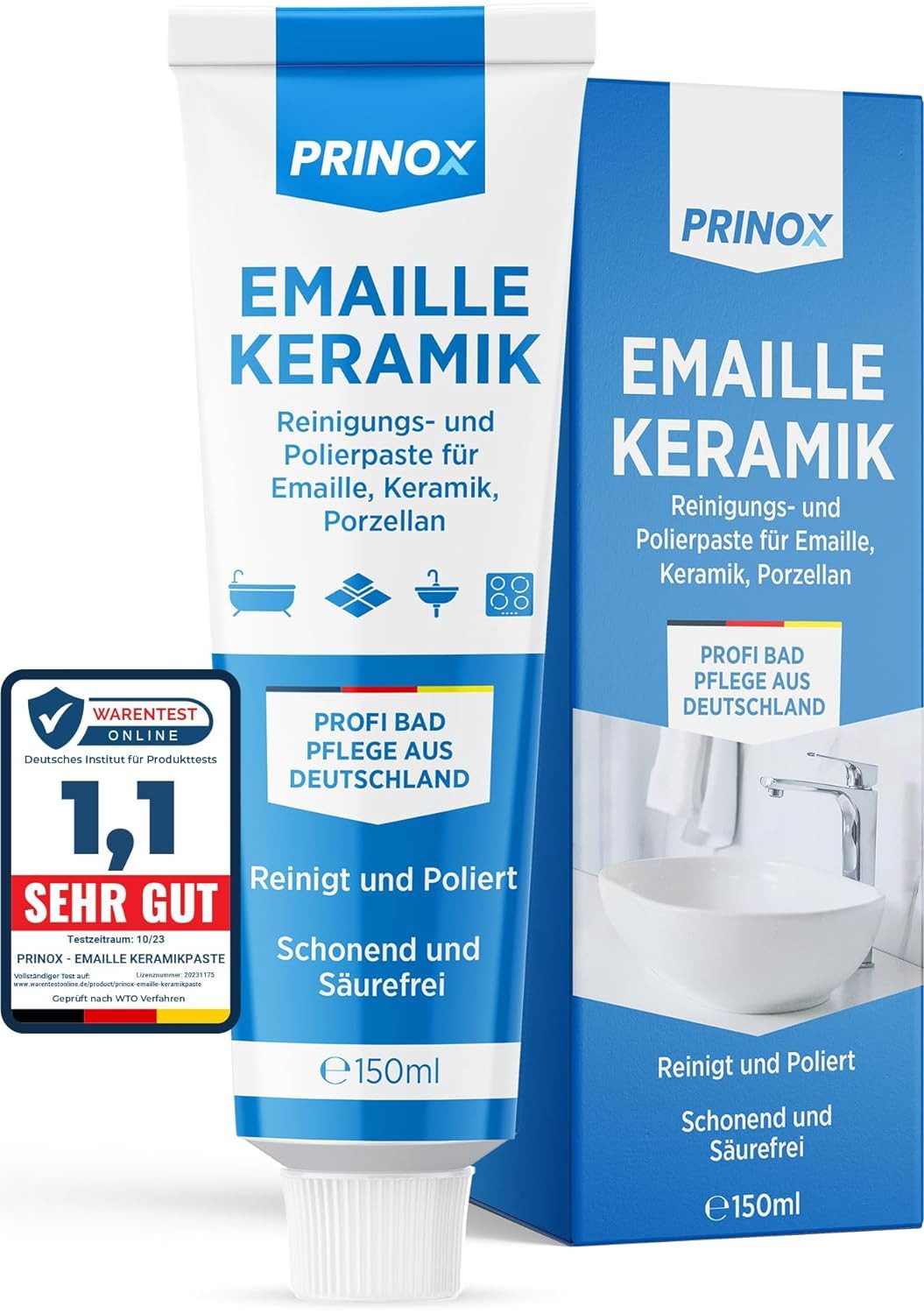Prinox 150ml Reinigungs und Polierpaste für Emaille, Keramik, Porzellan Glaskeramikreiniger (Professionelle Badpflege zu Reinigung und Pflege von Armaturen, [- Ceranfeld Reiniger)