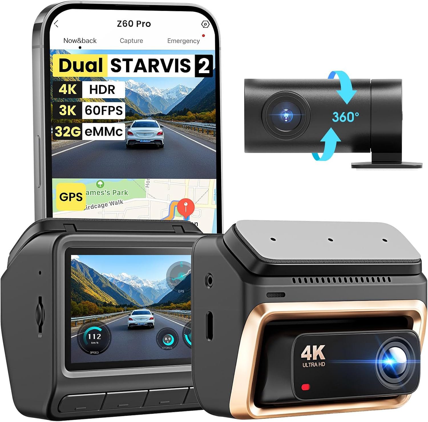 Athlix Z60 Pro 4K Dashcam mit Front- und Rückkamera, Dual-Kamera Dashcam (4K, 4G, 4K 60FPS HDR, Nachtsicht, WLAN, GPS)