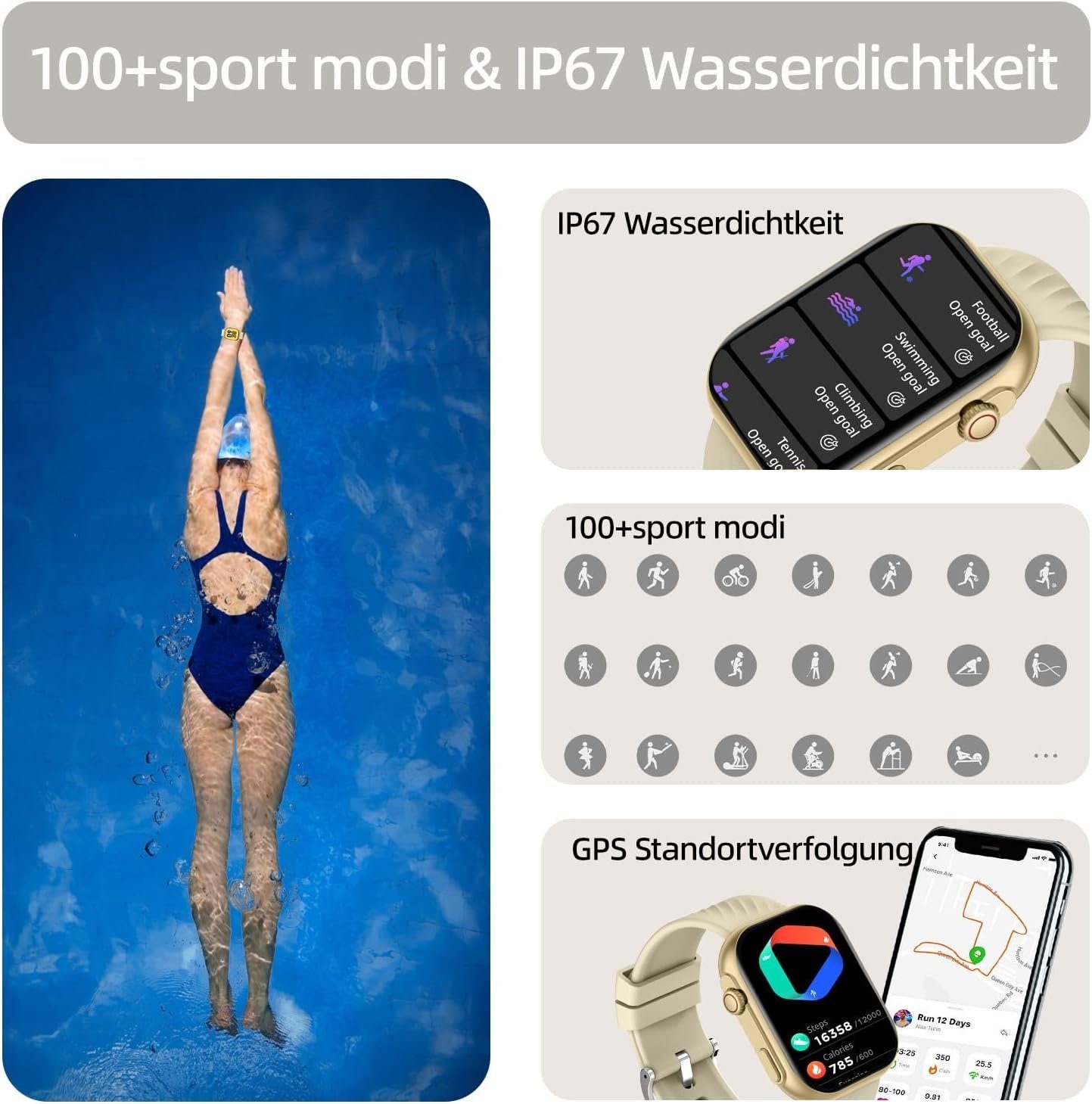 Fitness Tracker Schrittzähler, Yuede mit Gesundheits-Uhren und mit SNS-Benachrichtigung Zoll) Voice, AI Champagner Anruffunktion Herzfrequenz, Smartwatch mit Herren Damen Wasserdichte IOS 100 für Musiksteuerung Schlafqualität, für Blutsauerstoff, Android und Gold Sportmodi, mehr Blutdruckmessung, etc., 2,01-Zoll-HD-Full-Touch-Farbdisplay (Quadratischer als IP67 Zoll Sportuhr uhr Smartwatch,