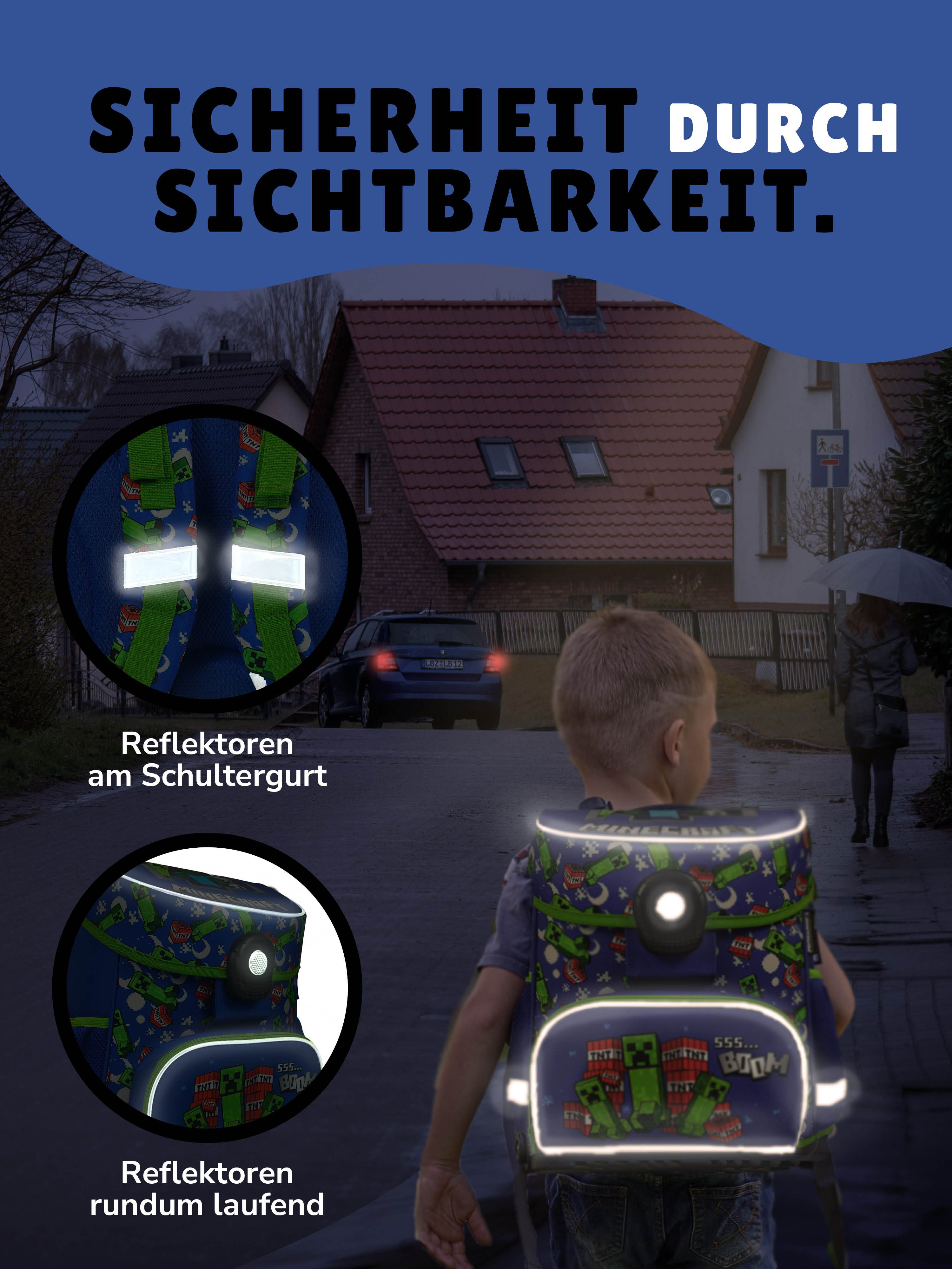 Familando Schulranzen Minecraft 1.-4. Klasse ergonomisch, geräumig, Volumen 18 Liter (Set, 9-tlg., inkl. Lunch-Set und Sporttasche), MINECRAFT Motiv blau – Bild 4 von 5