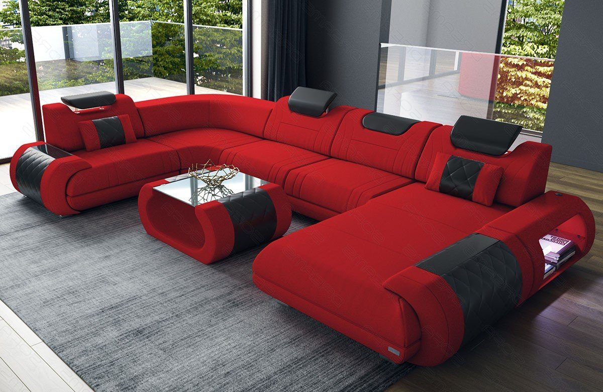 Sofa Dreams Wohnlandschaft Polster Stoff Sofa Rimini U Form M Mikrofaser Stoffsofa, Couch wahlweise mit Bettfunktion rot-schwarz