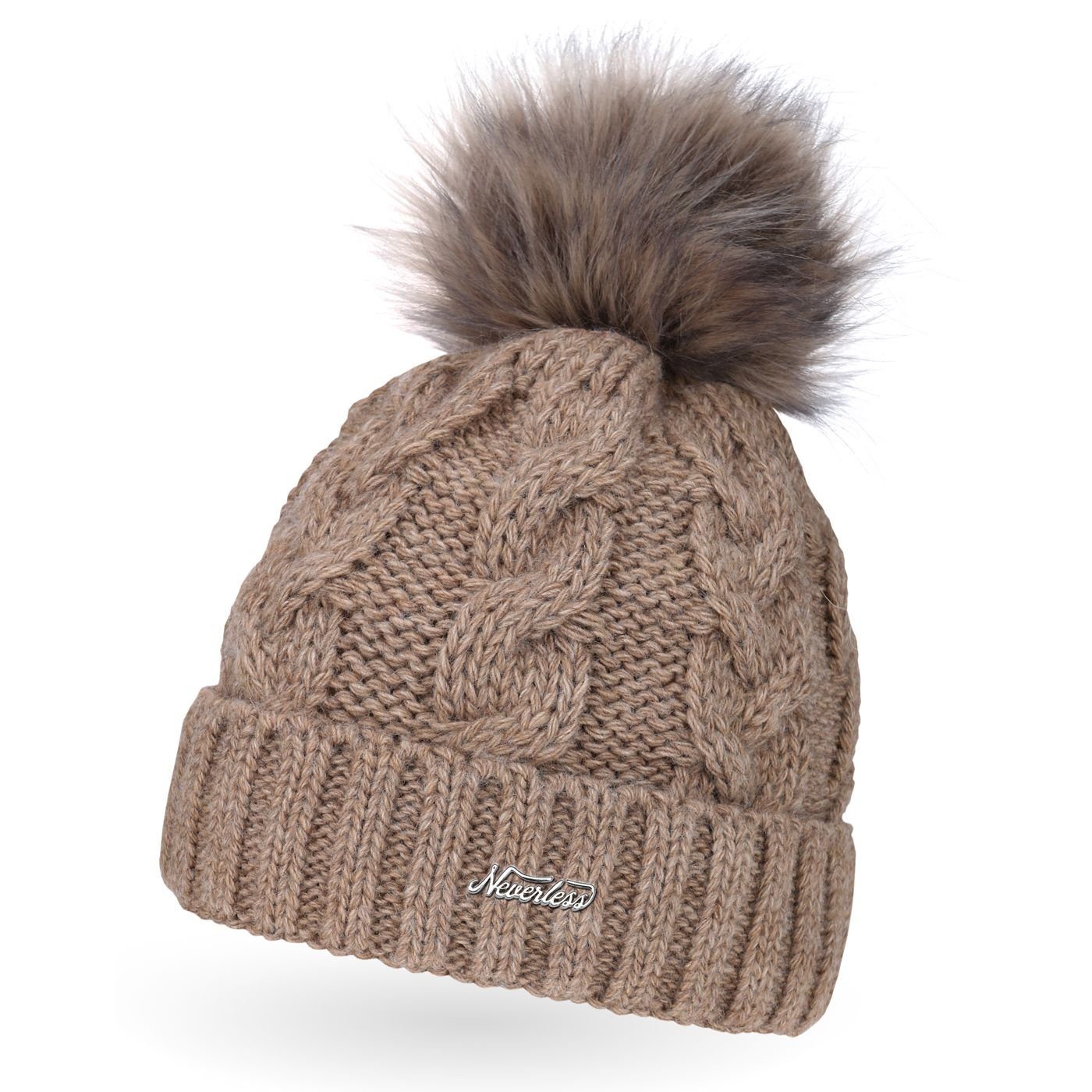 Neverless Bommelmütze Damen Strick-Mütze gefüttert Fell-Bommel günstig online kaufen