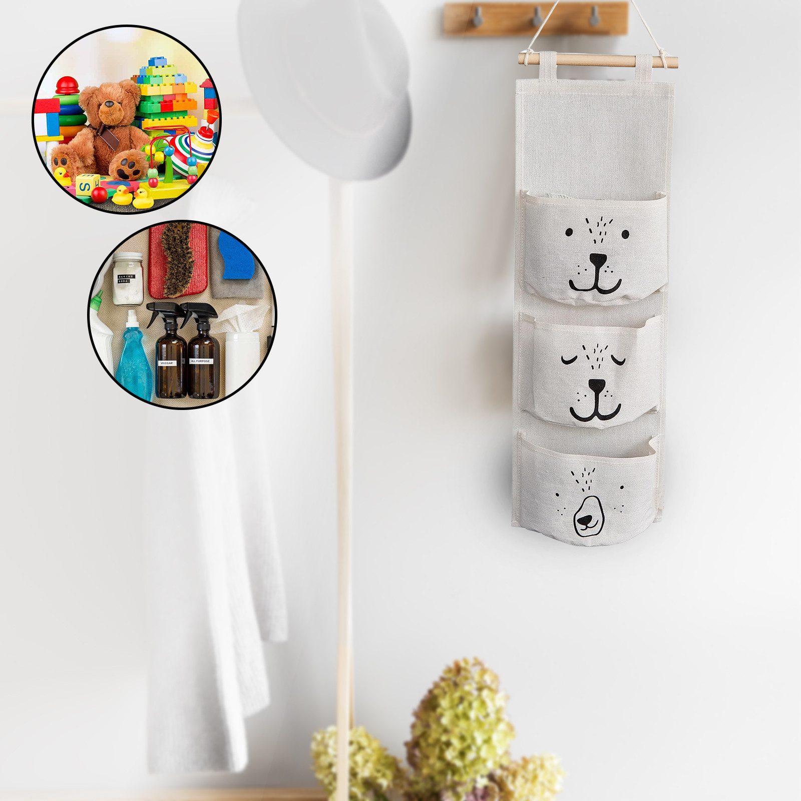 hausleben Organizer Wandorganizer aus Stoff mit Tiermotiven und 3 Taschen (Einzelartikel, 1 St., 1-teilig), Faltbar, Platzsparend, 3 Taschen, Bärendesign, Mit H – Bild 2 von 5
