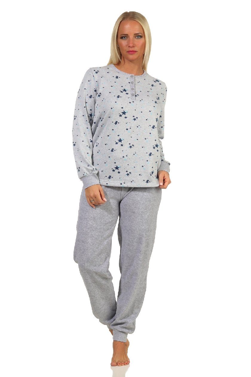 Normann Pyjama Damen Frottee Übergrößen Bündchen - mit Pyjama in auch Optik grau-melange Sterne