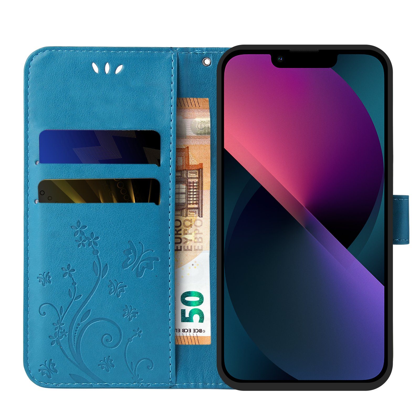 Tec-Expert Handyhülle Cover Tasche Hülle für Apple iPhone 13 6,1 Zoll, Klapphülle Case mit Kartenfach Fliphülle aufstellbar, Motiv Blumen