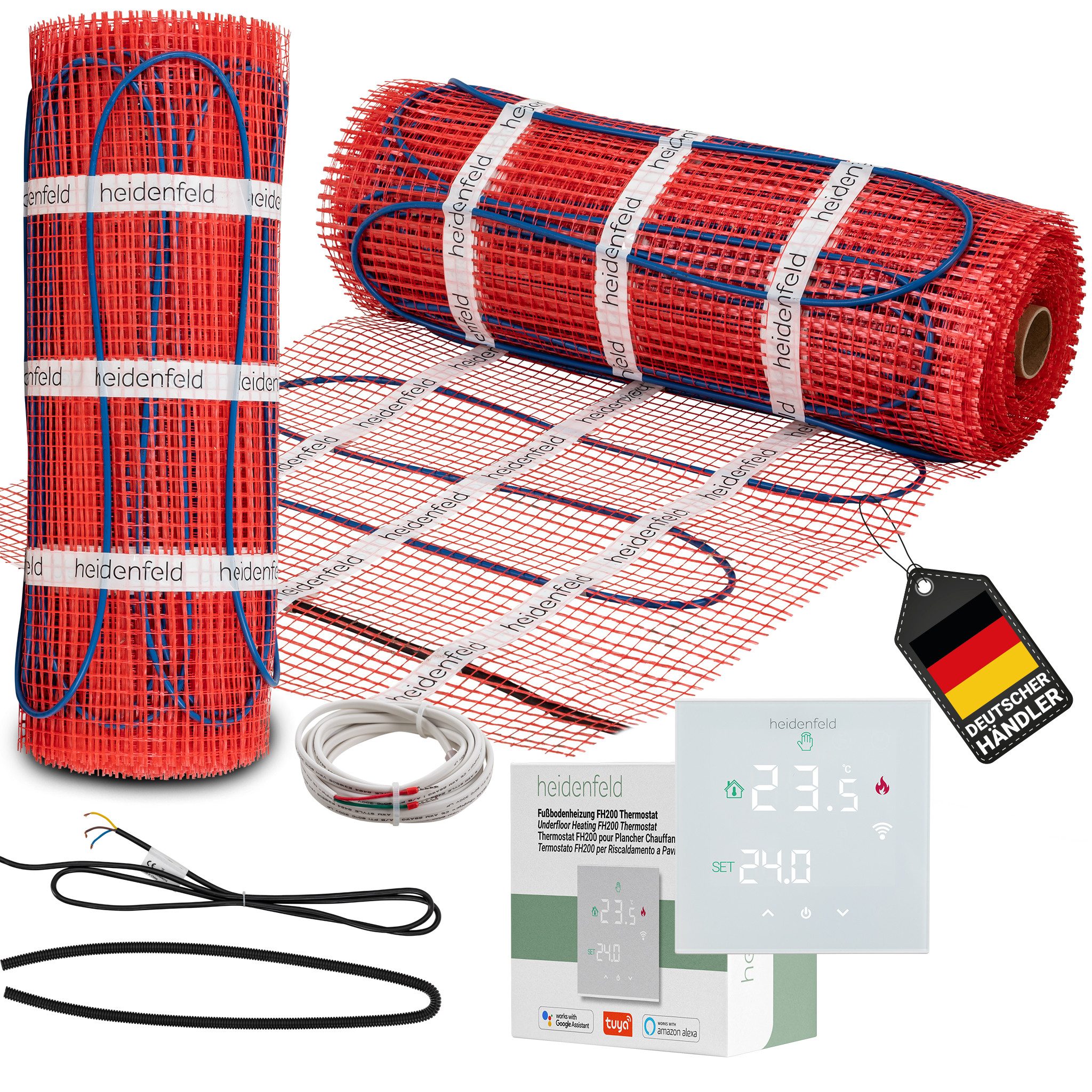 Heidenfeld Fußbodenheizung elektrische Fußbodenheizung FH200, Komplettset inkl. Thermostat, (elektrische Fußbodenheizung, Fußbodenheizung mit Thermostat, elektro Fußbodenheizung, Heizung), selbstklebendes Glasfasergewebe; Temperaturüberwachung