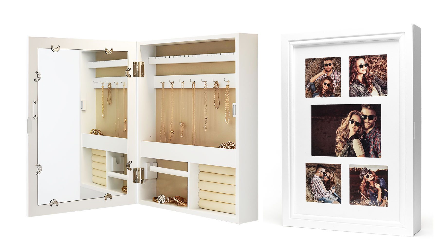 Levandeo® Schmuckkasten, Schmuckschrank Weiß Bilderrahmen 5 Fotos Spiegel MDF Holz