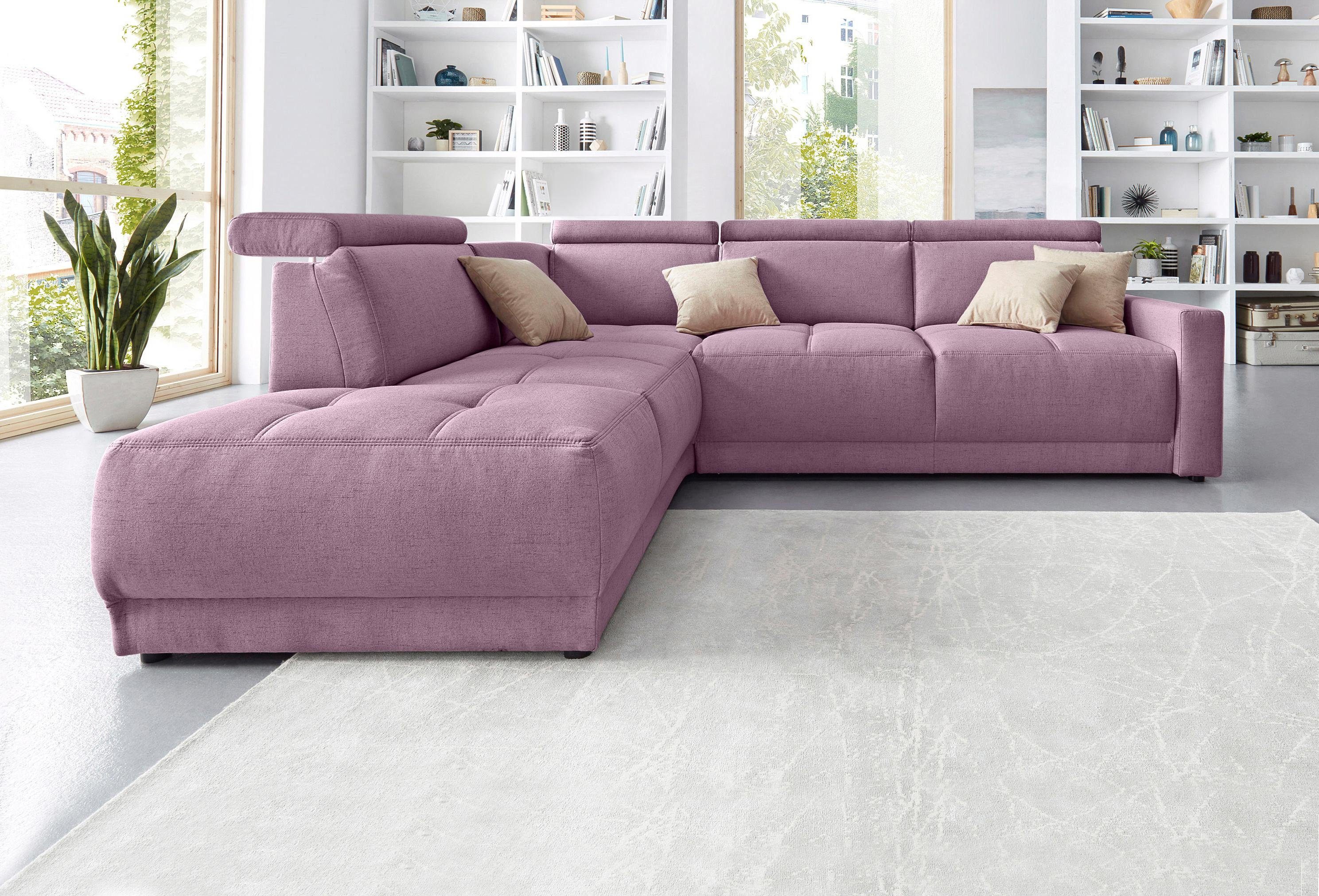 DOMO collection Ecksofa Ava, moderne Sitzheftung mit toller Doppelnaht, komfortabel, L-Form, mit Ottomane, inkl. Federkern, wahlweise mit Kopfteilverstellungen
