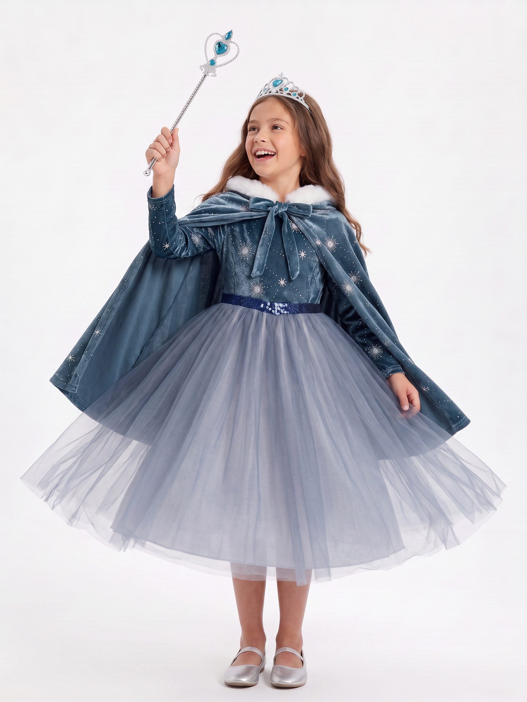FreakyFits Kostüm, Samt Kinder Prinzessinnenkleid mit Umhang Diadem Zauberstab Blau Eis