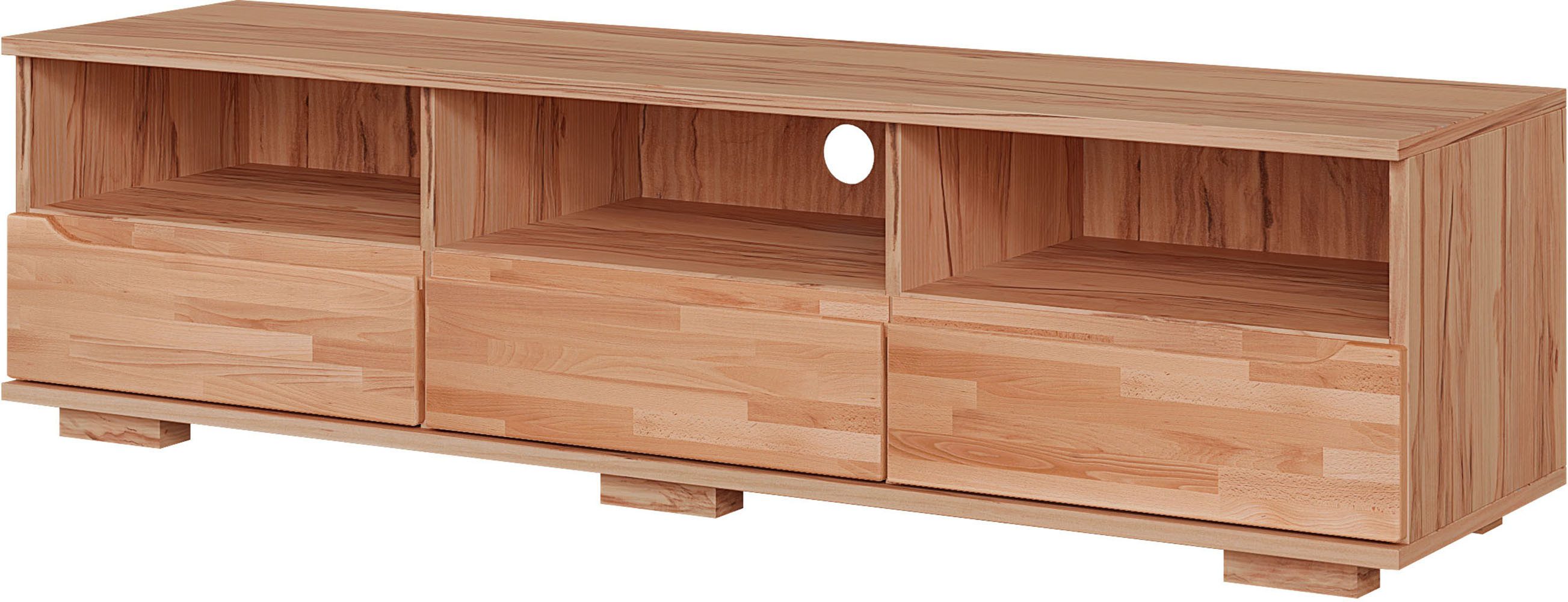 OTTO home Lowboard VETRO Teilmassiv, Fronten Massivholz, Wohnzimmer, Stauraum,Griffmulde, B/T/H:150/40/40 cm, 3 Schubladen, 3 offene Fächer, kabeldurchführung