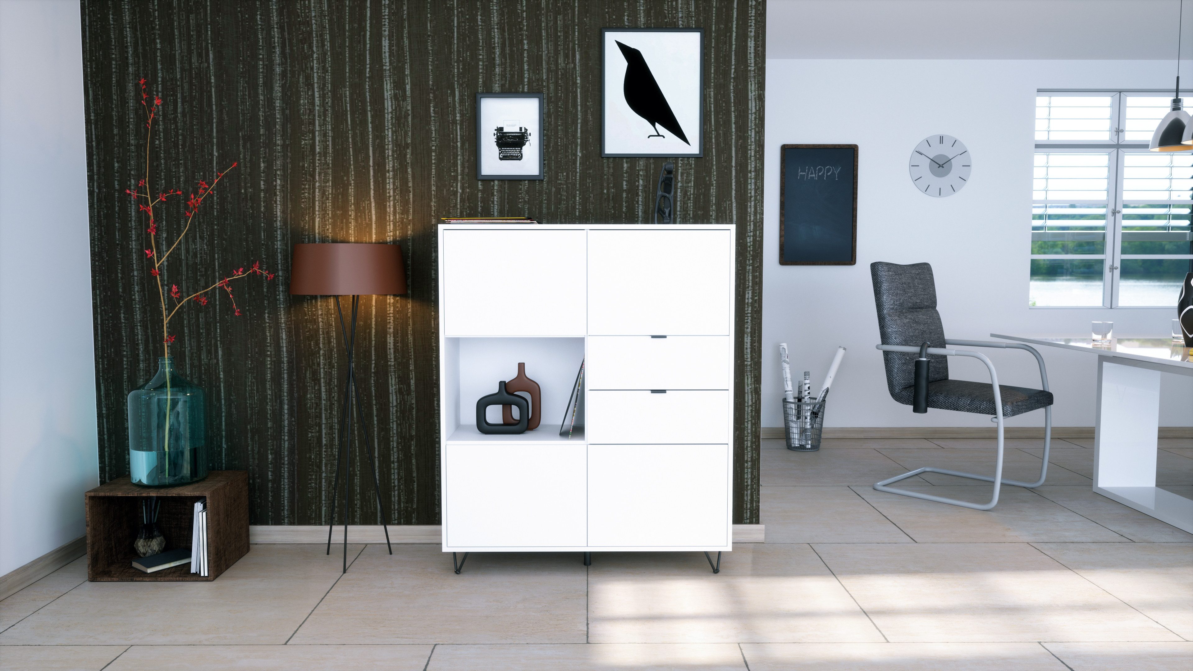 Vladon Highboard Marino V1 (Highboard mit 4 Tür Weiß matt, 2 Schubladen Weiß matt, Made in Germany), Korpus Weiß matt (103 x 125,5 x 37 cm)