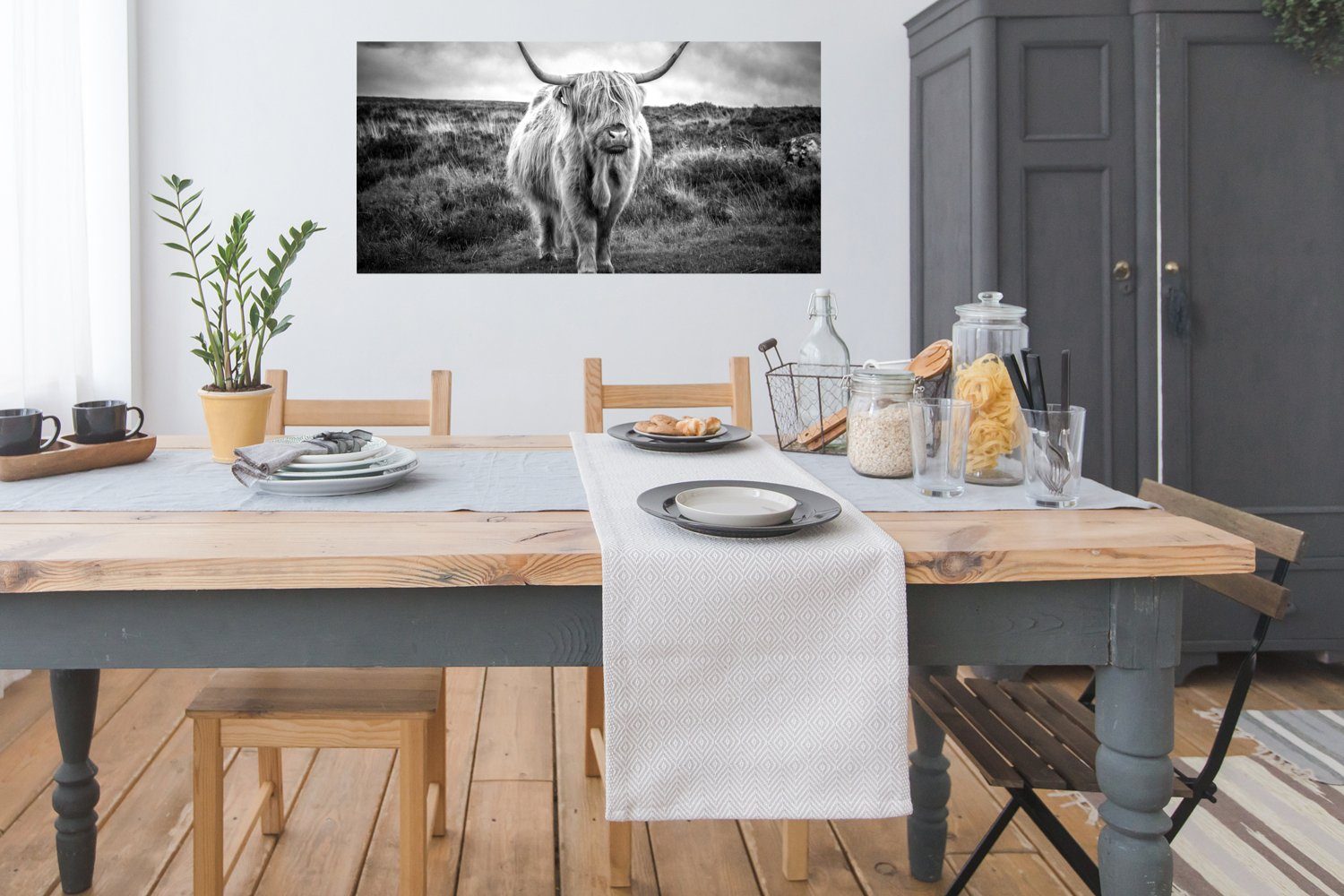 Natur, Tiere - Wanddeko Ohne - Wandposter, Kuh Poster für Hochländer - Wolken Schottischer - Schlafzimmer, St), Bild Wohnzimmer, (1 Rahmen, MuchoWow