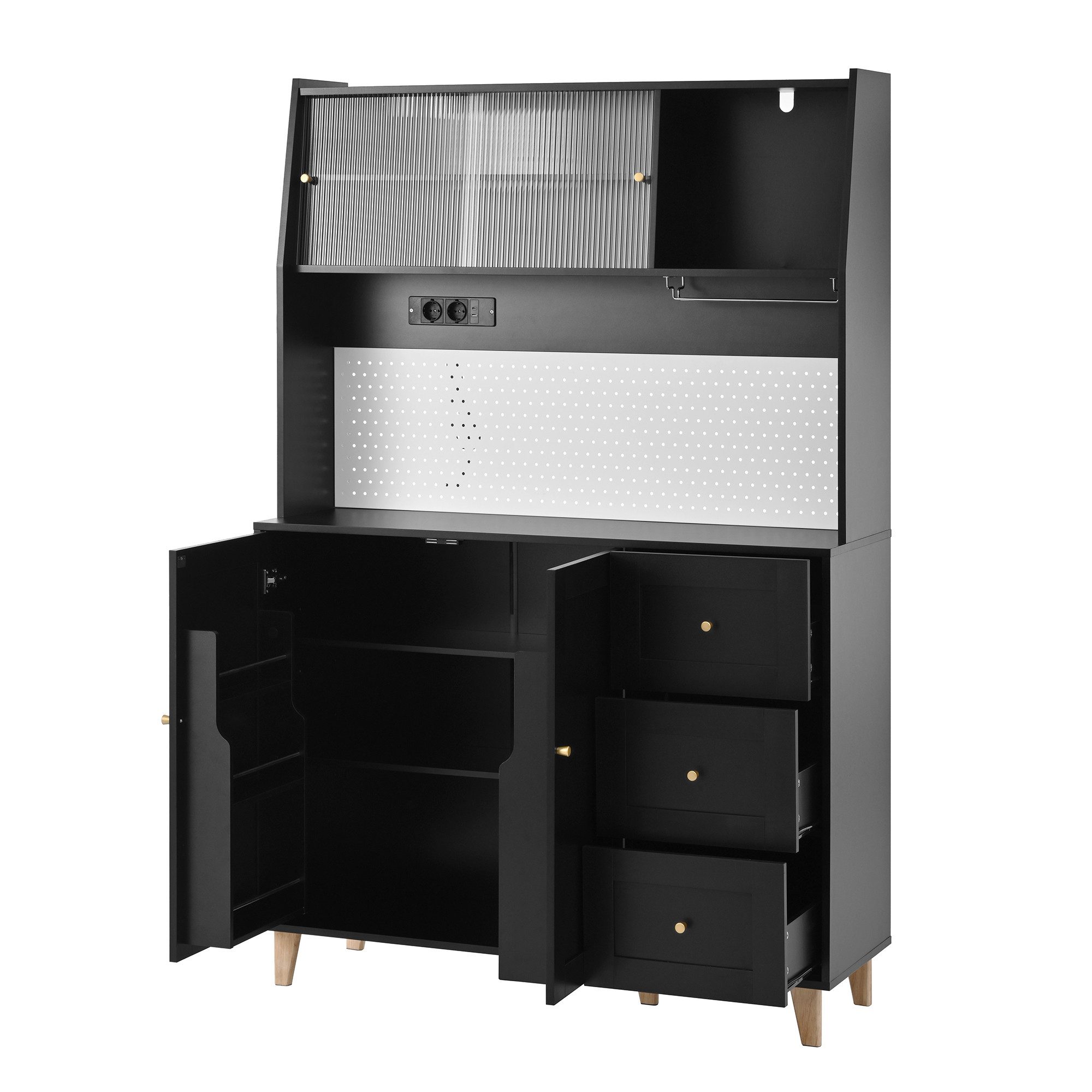 Flieks Küchenbuffet mit Steckdosen, Lochwand, Gläserhalter, Glas-Schiebetür und Schubladen (120x40x184 cm, 1-St., Mehrzweckschrank mit Arbeitsplatte, Türablagen und Massivholzbeinen) Hochschrank Küchenschrank Geschirrschrank mit verstellbarer Ablagen