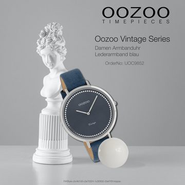 OOZOO Quarzuhr Oozoo Damen Armbanduhr blau, Damenuhr rund, groß (ca. 40mm) Lederarmband, Fashion-Style