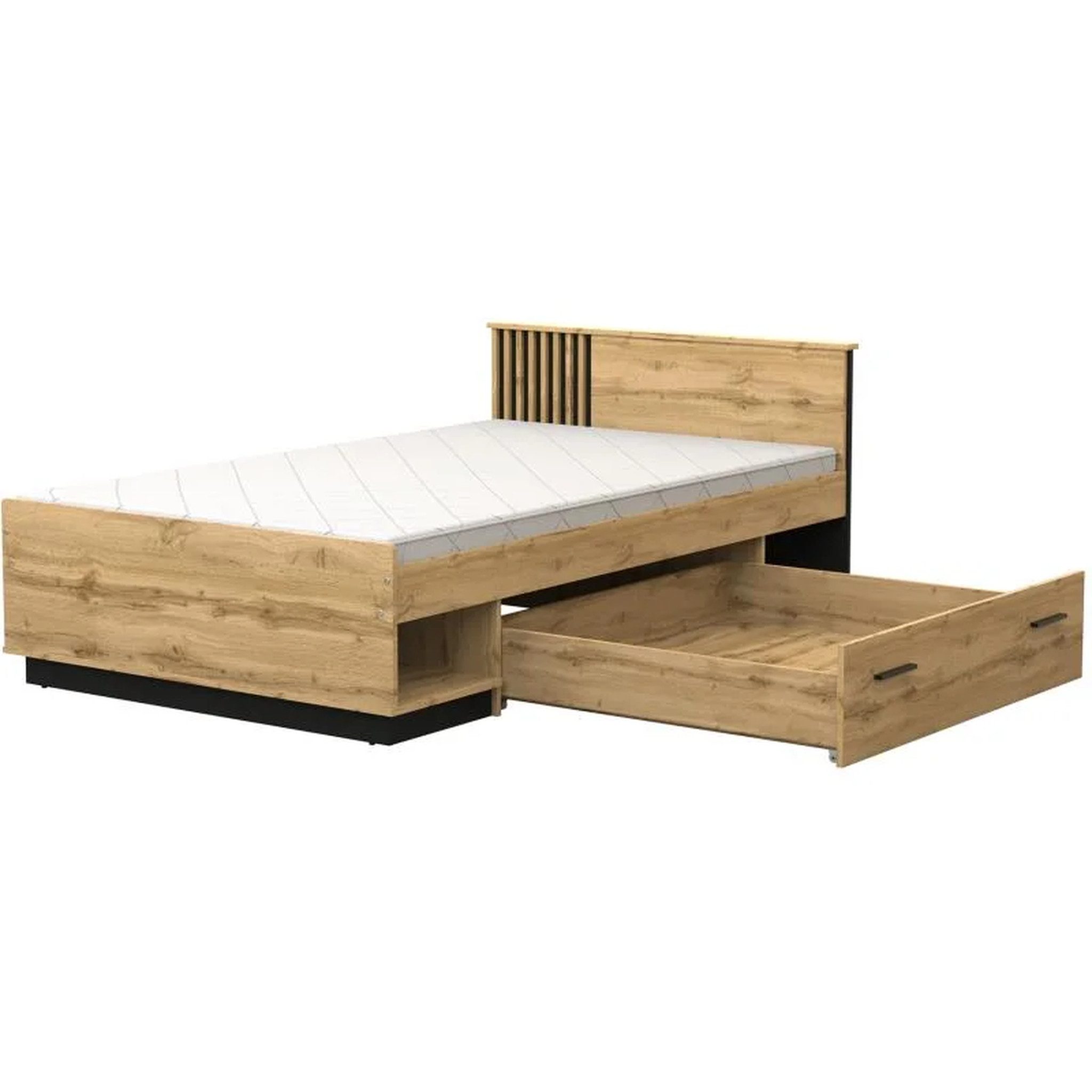 Beautysofa Holzbett LAMELO 120x200 cm mit Matratze & Schublade, Stilvolles mit Holzlamellen im Kopfteil, Mit praktischer Schublade