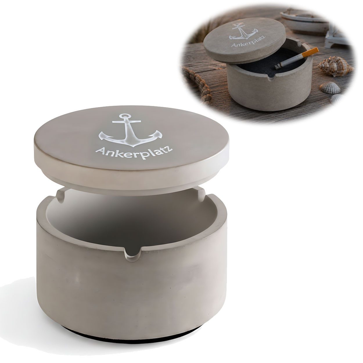 LS-LebenStil Aschenbecher Beton Sturmaschenbecher Motiv Ankerplatz 9x7cm Maritim Grau mit Deckel, Windaschenbecher Ashtray Tischaschenbecher Garten Balkon Deko